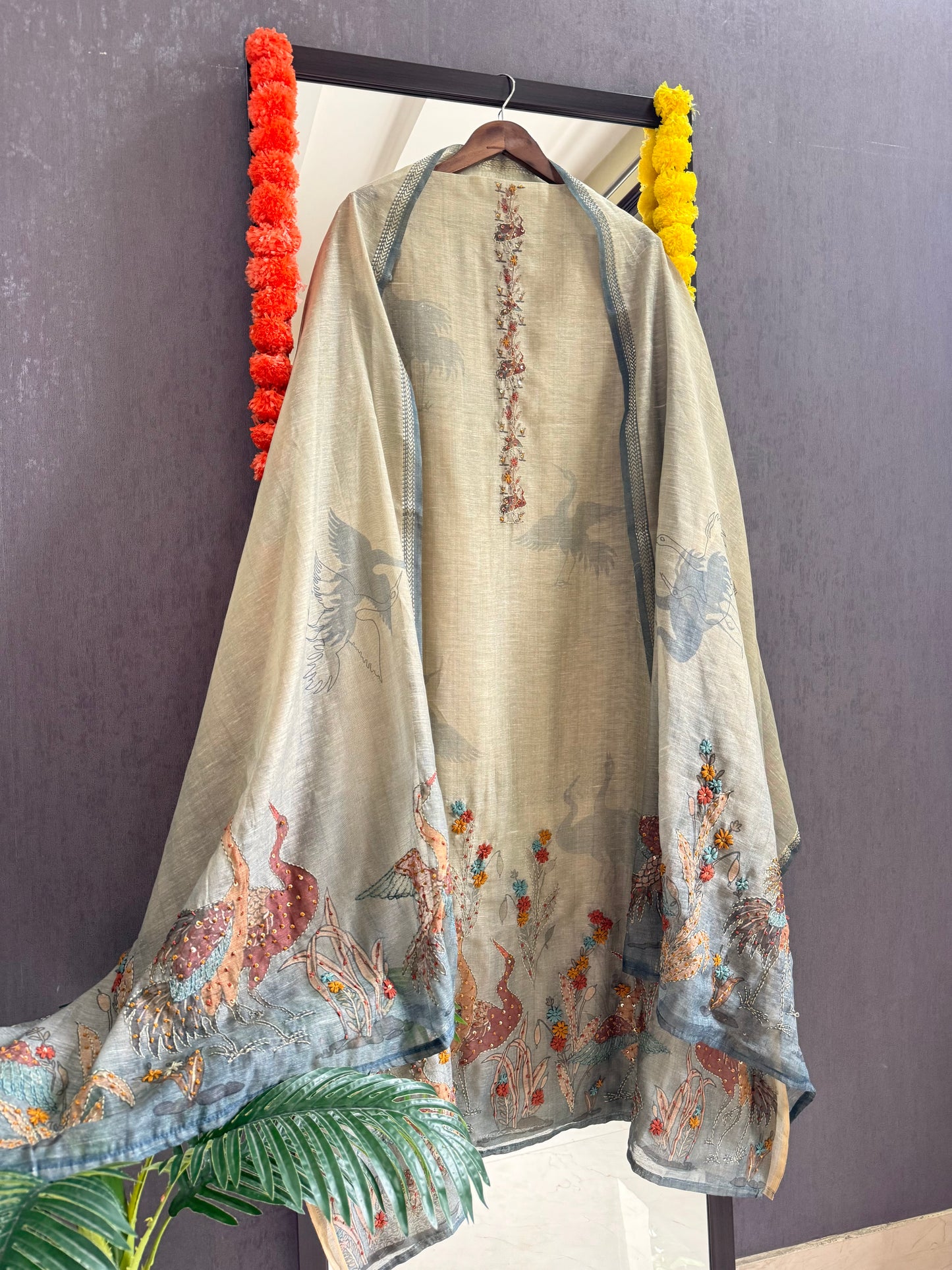 Pure linen birds frenchknot kantha work suit