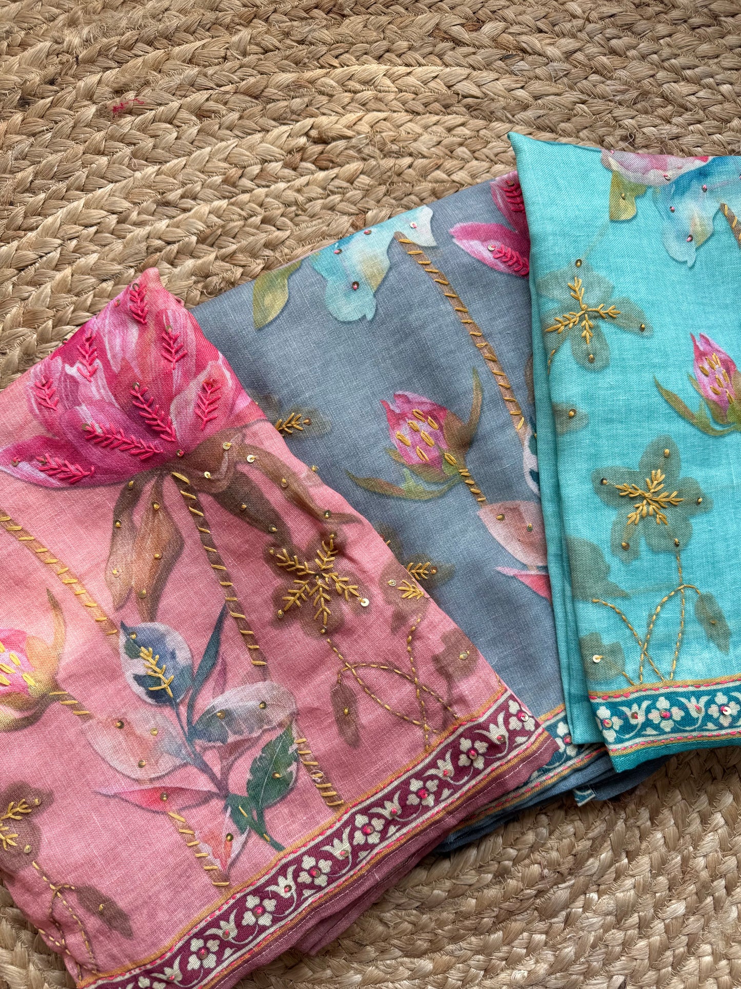 Pure linen lotus kantha work suit