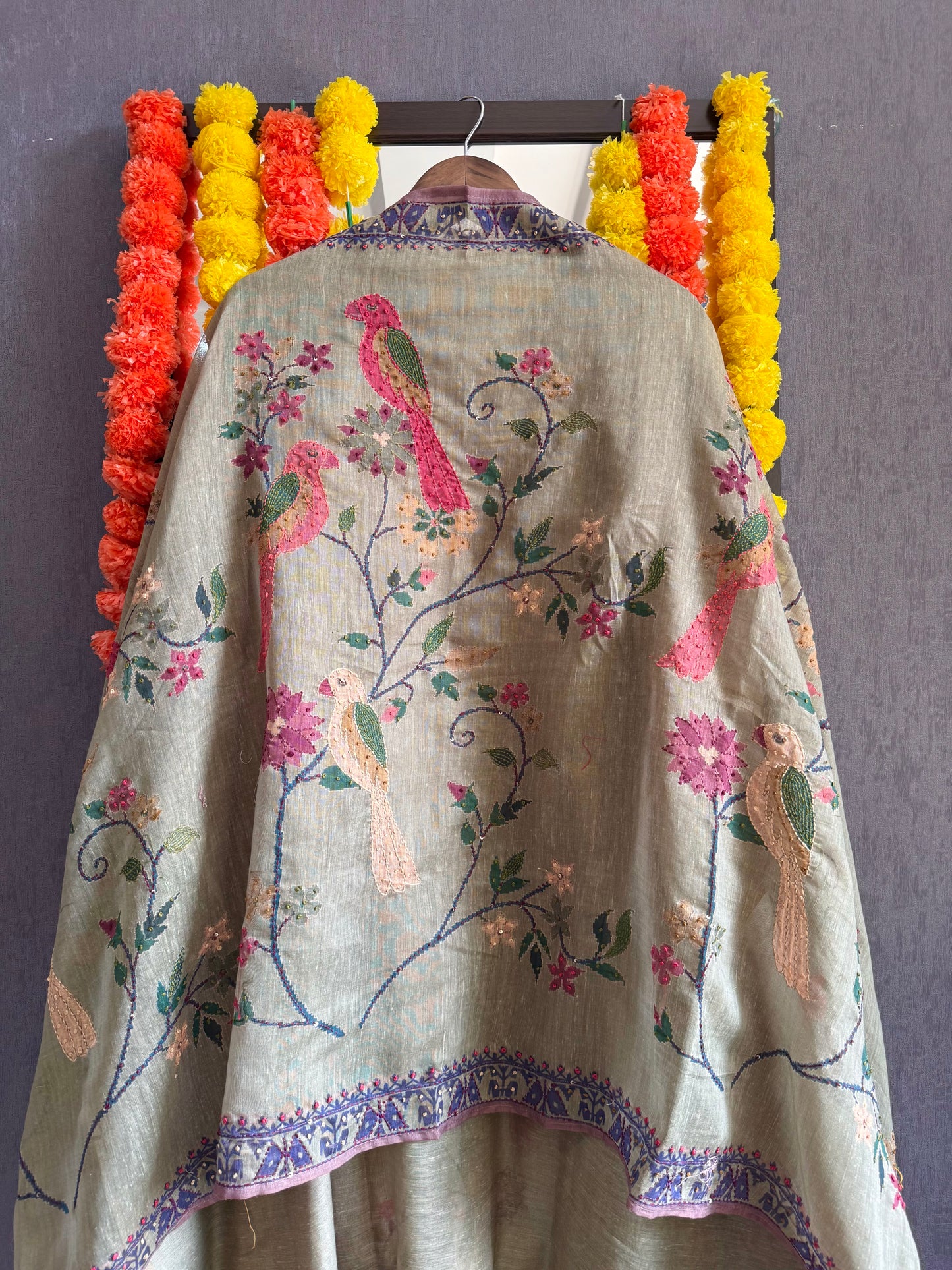Pure linen birds frenchknot kantha work suit
