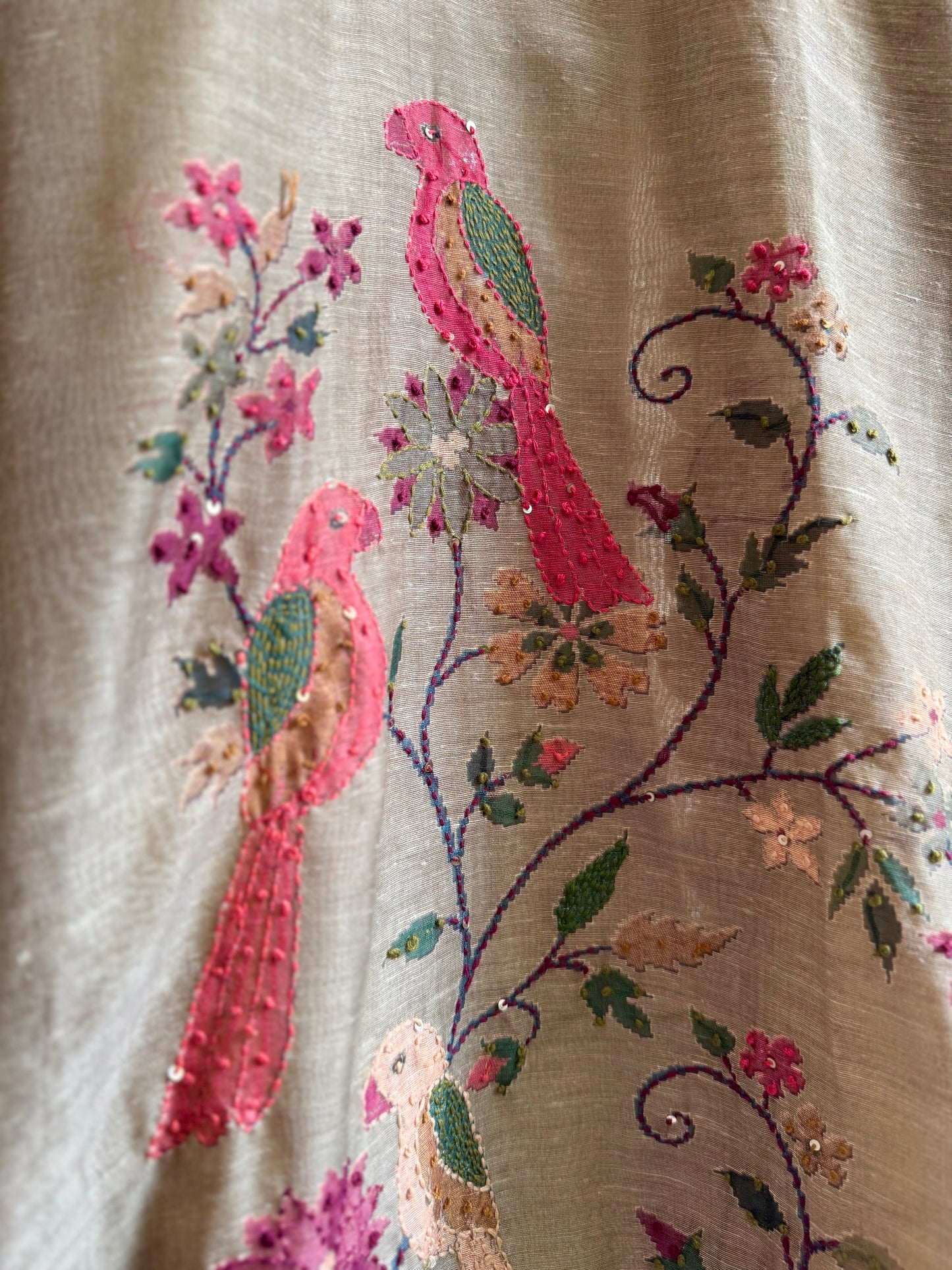Pure linen birds frenchknot kantha work suit