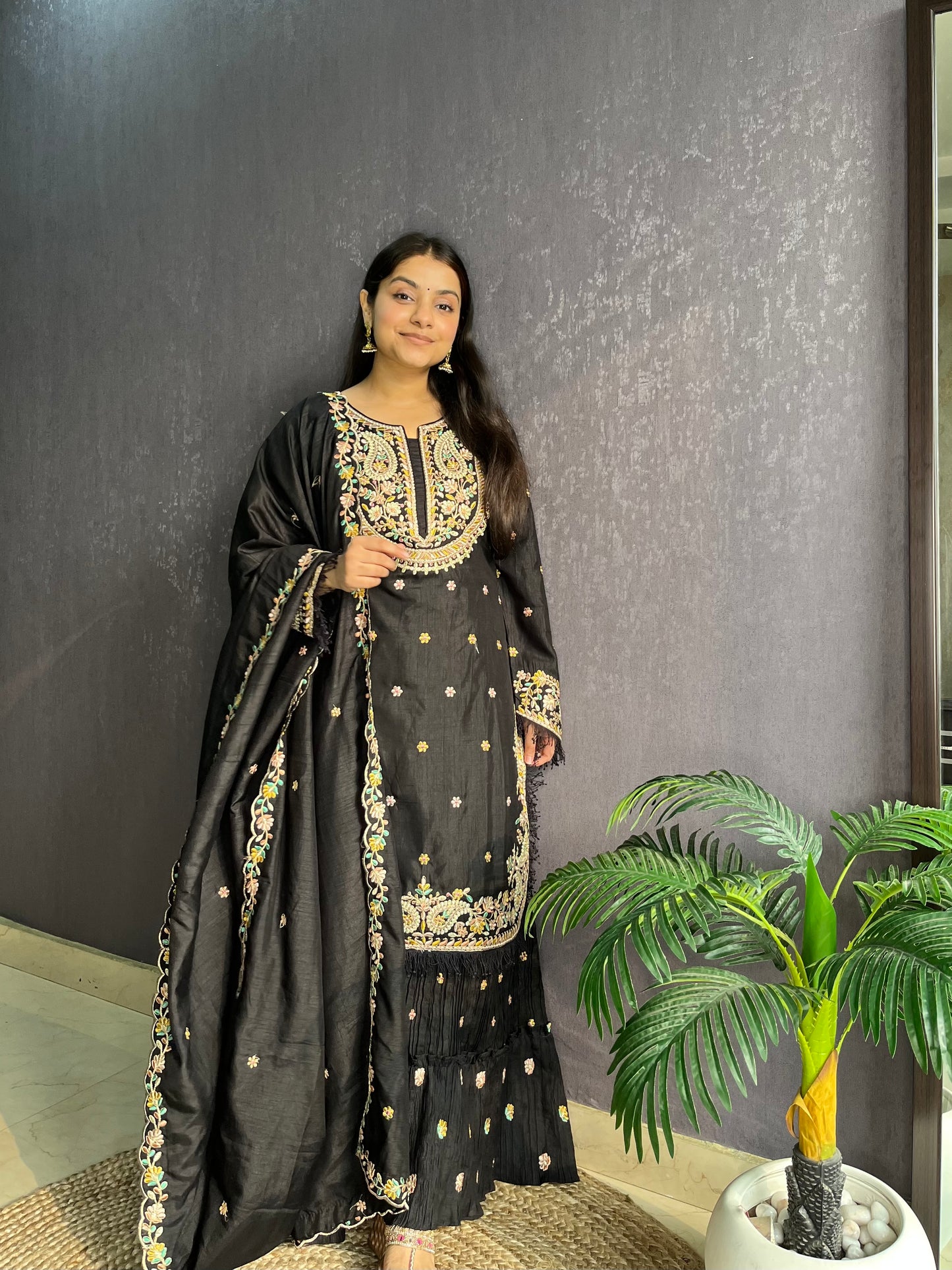 Silk embroidered shrara suit