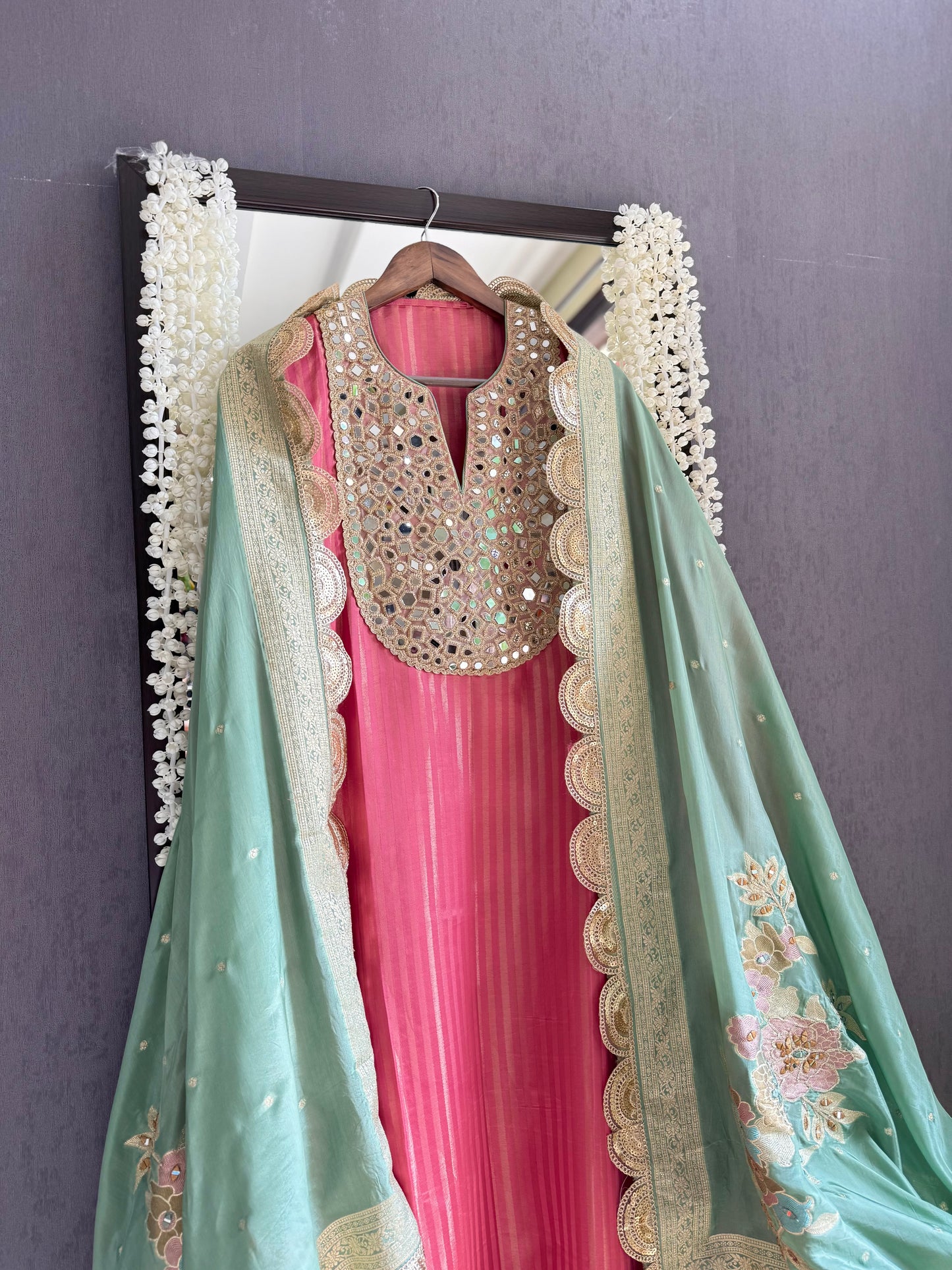 Premium Mirror work tissue benarsi suit