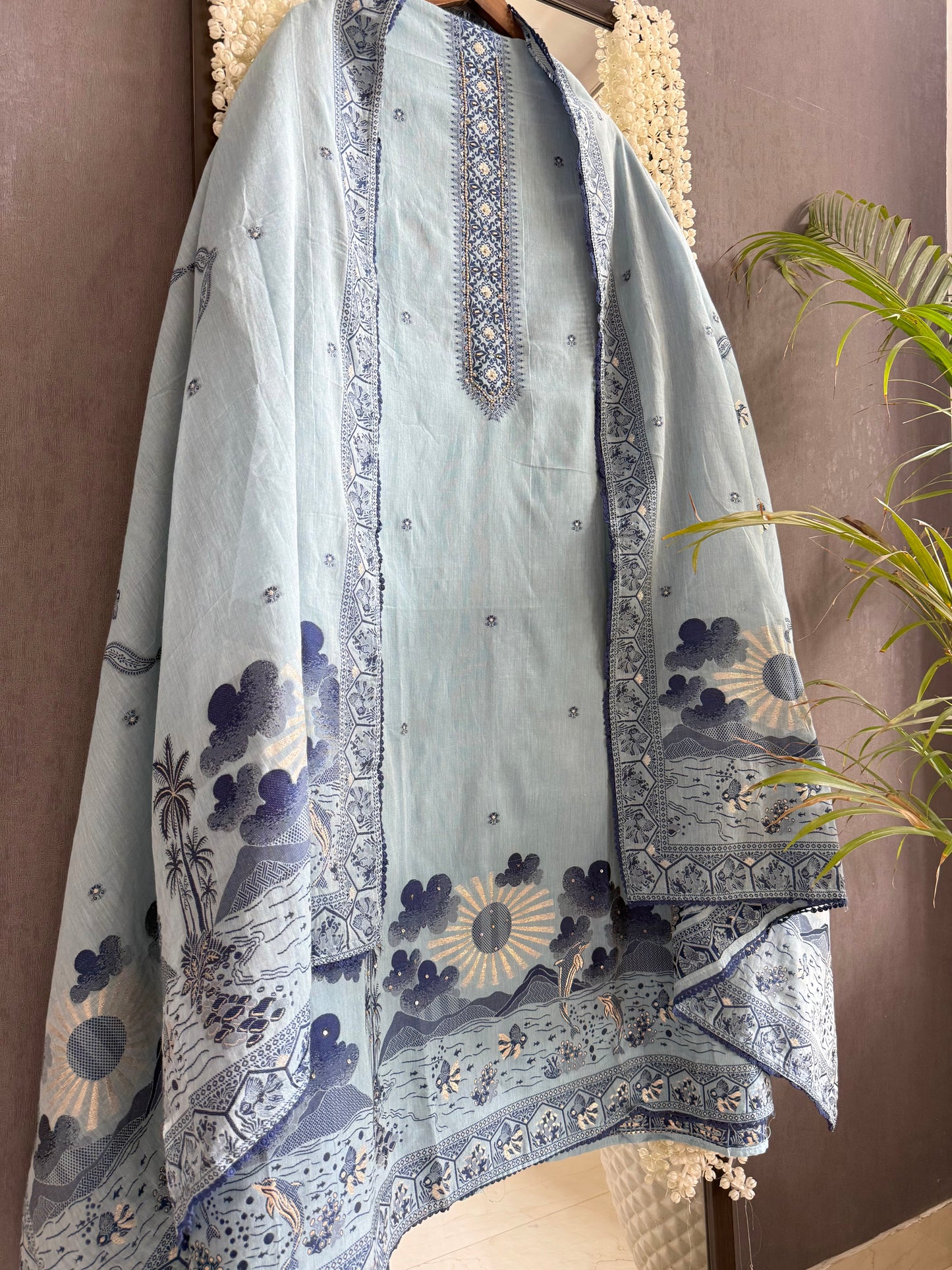 Cotton jamdani ocean dolphin suit