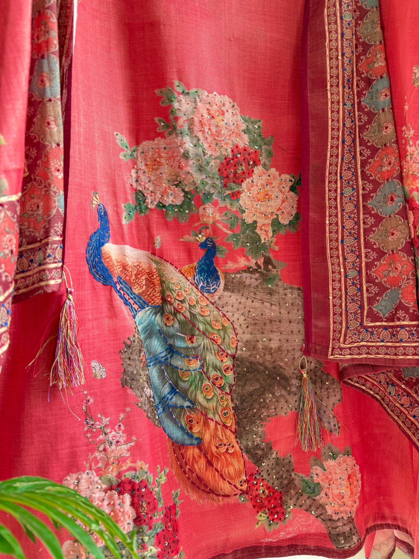 Pure linen peacock kantha work suit