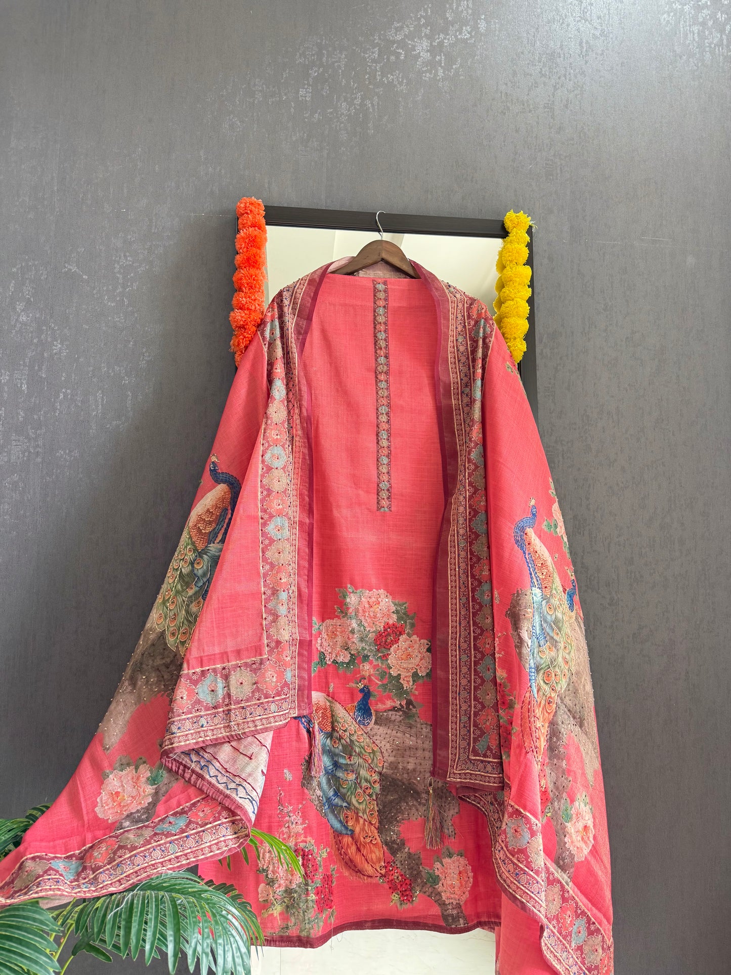 Pure linen peacock kantha work suit