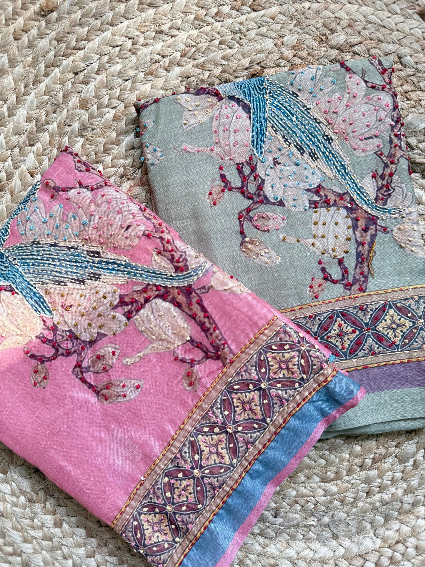 Pure linen swans frenchknot kantha work suit