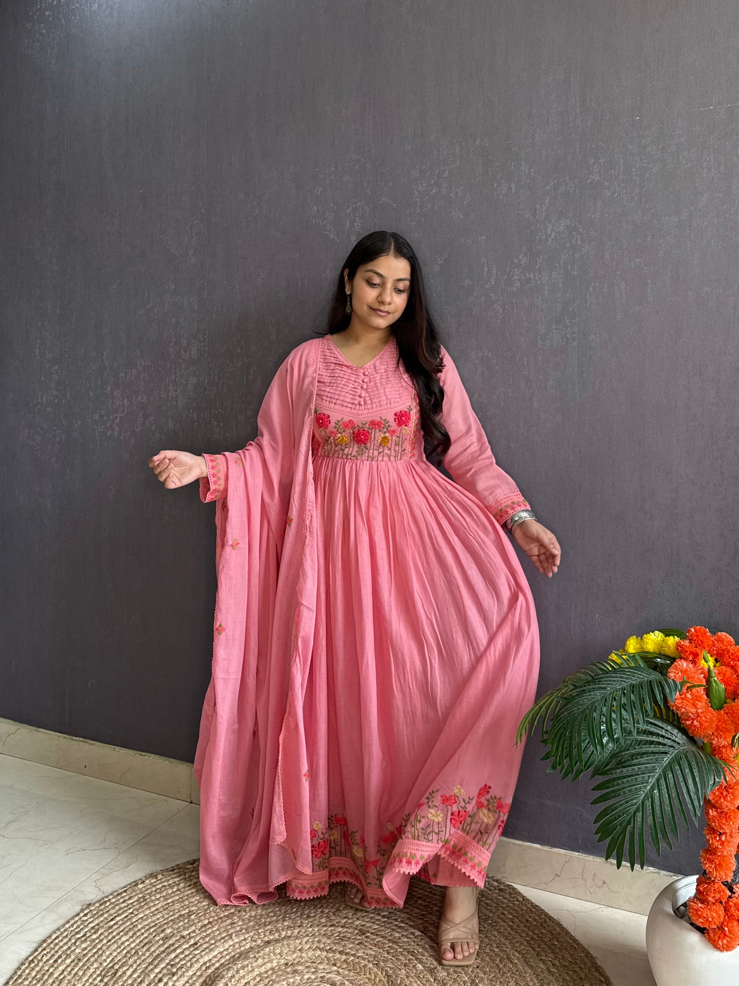 Mal cotton roses embroidered french knot Anarkali