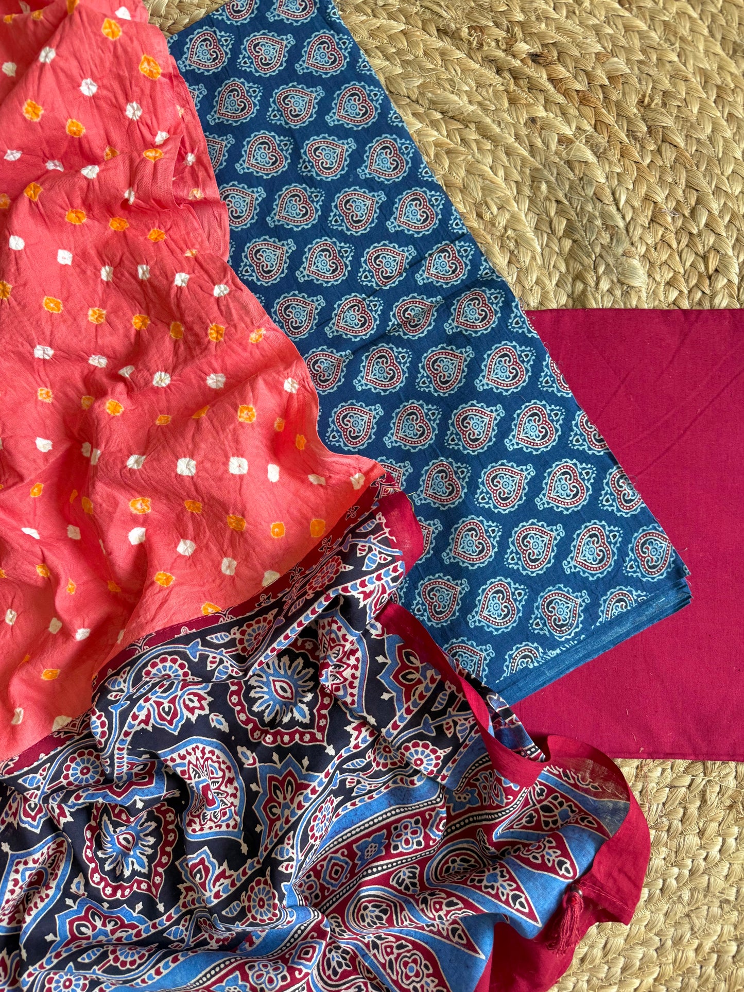 Pure cotton ajrakh bandhani suits