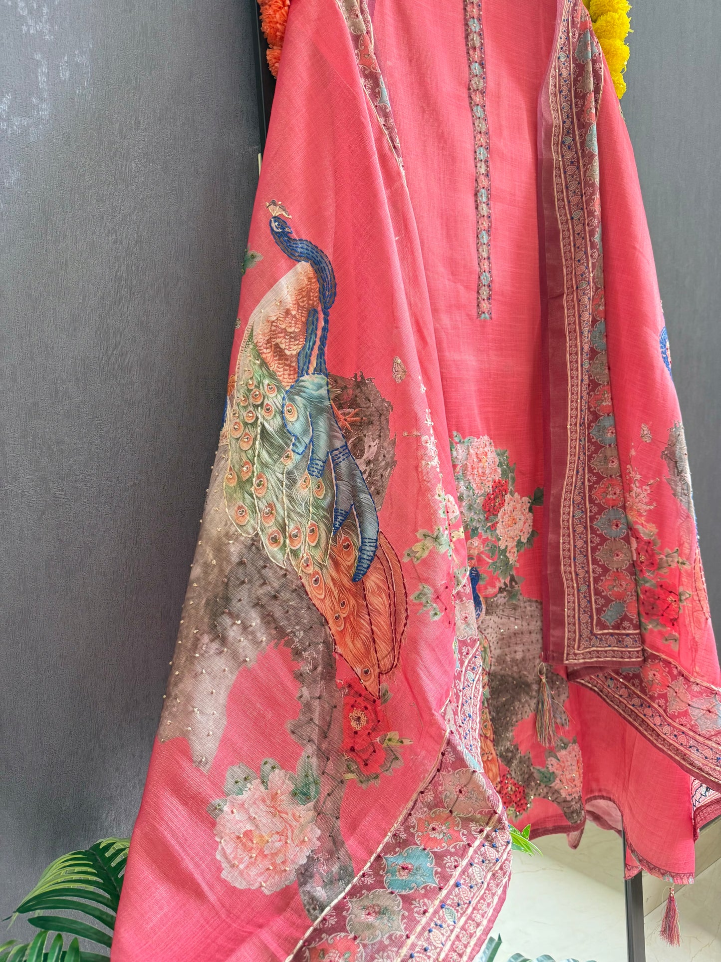 Pure linen peacock kantha work suit