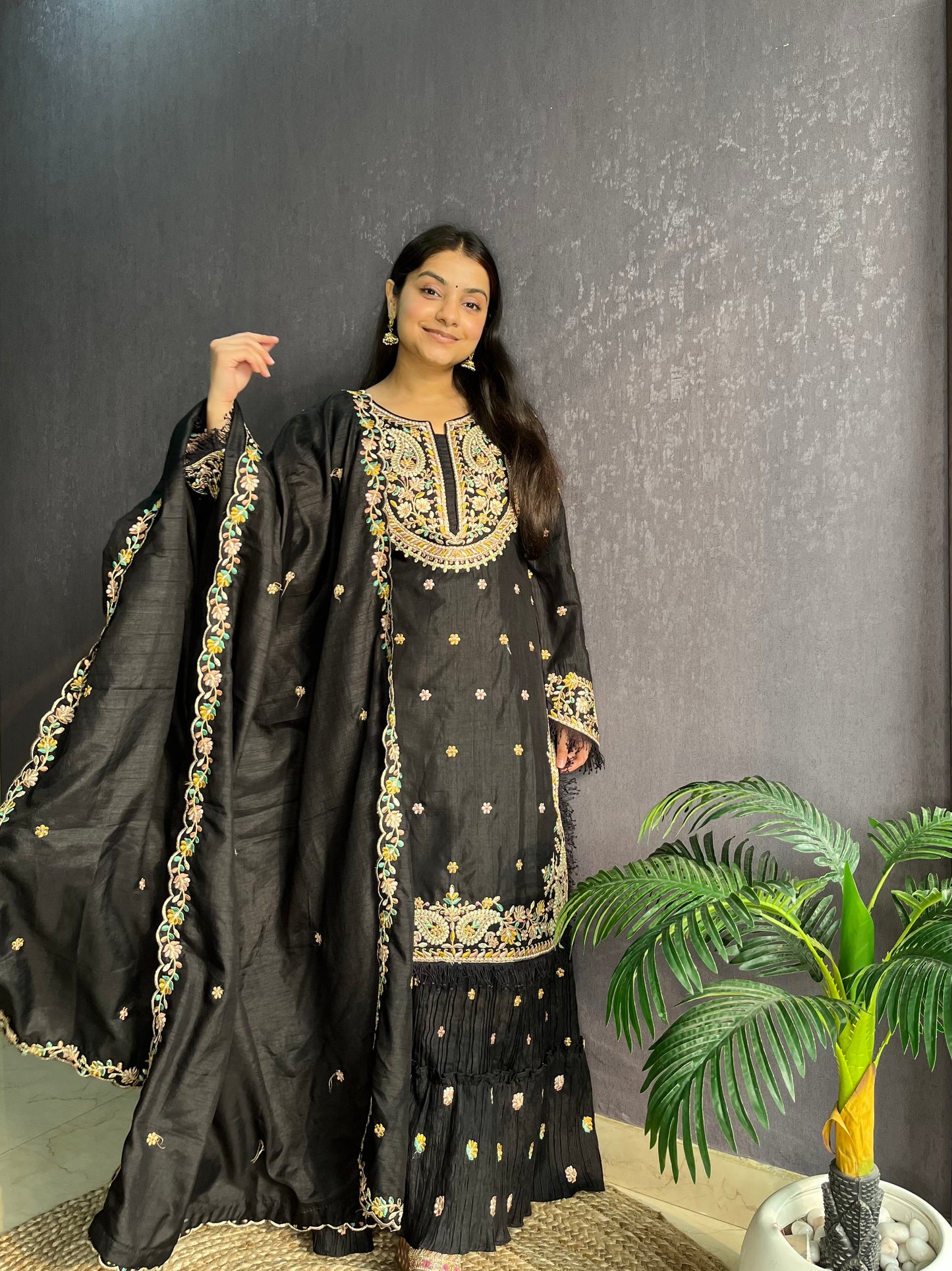 Silk embroidered shrara suit