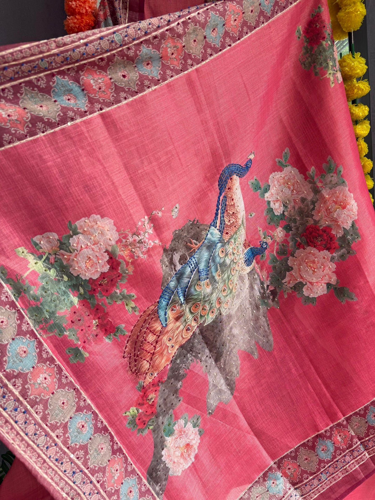 Pure linen peacock kantha work suit