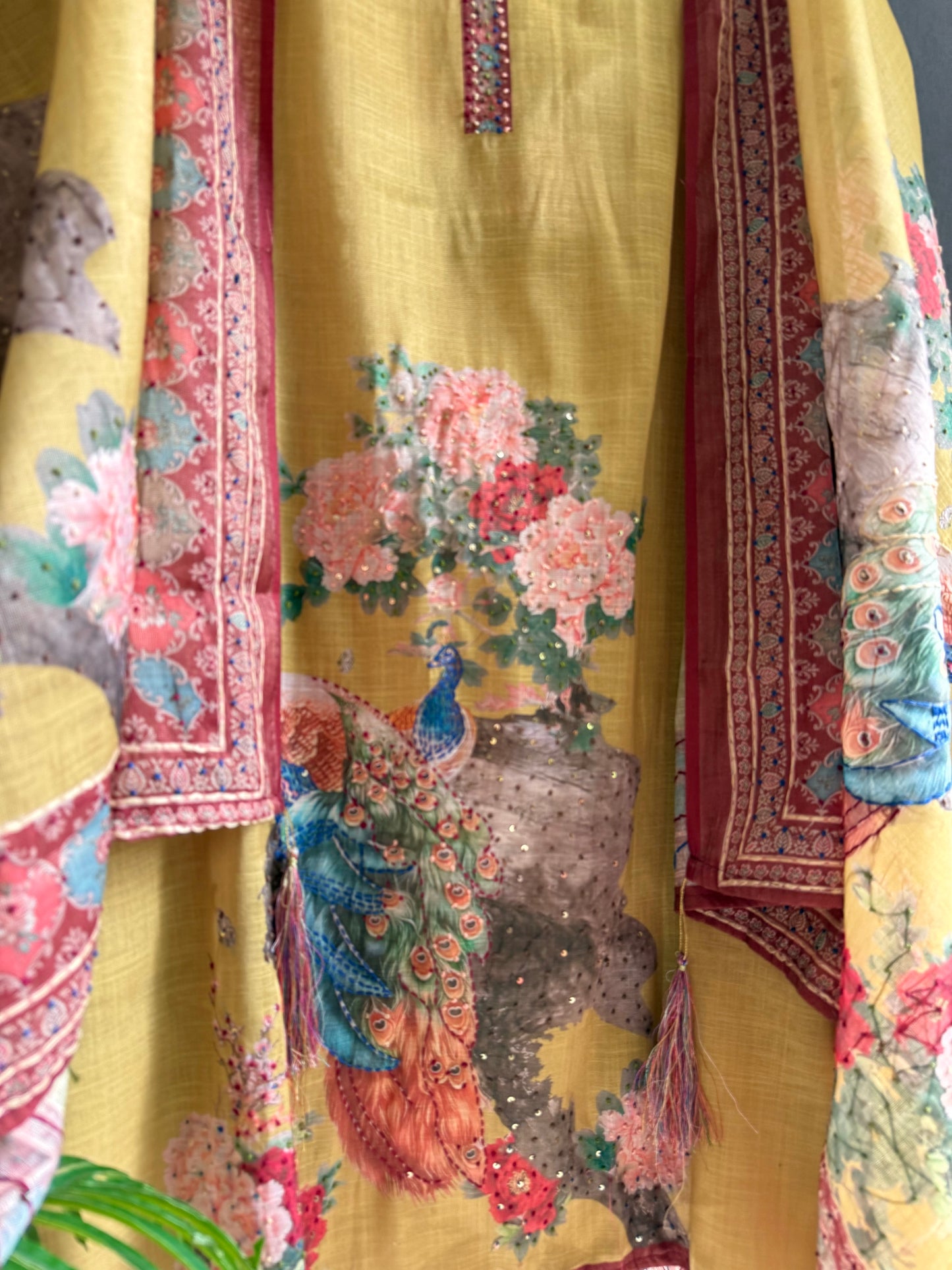 Pure linen peacock kantha work suit