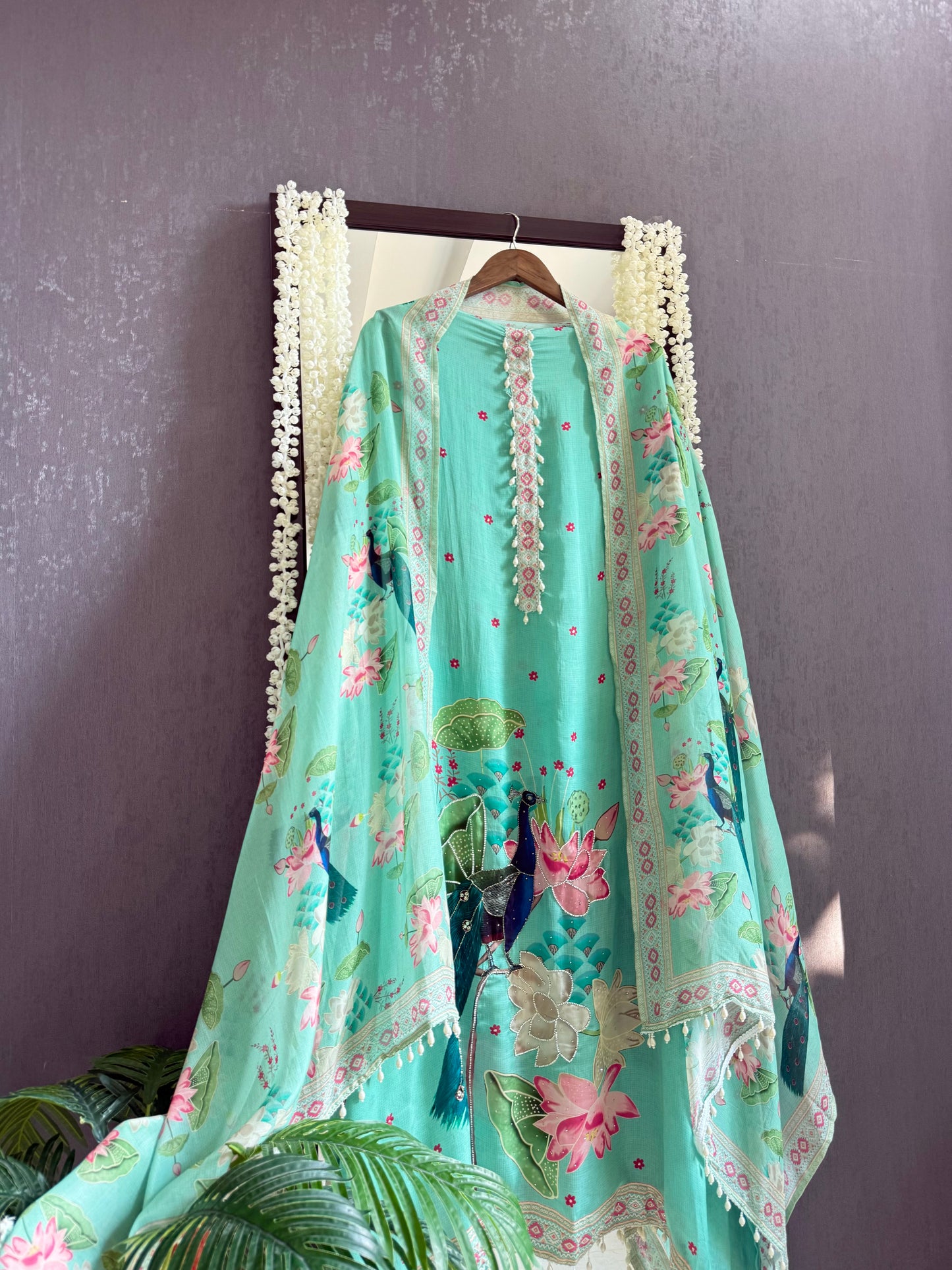 Soft silk peacock hand work suit