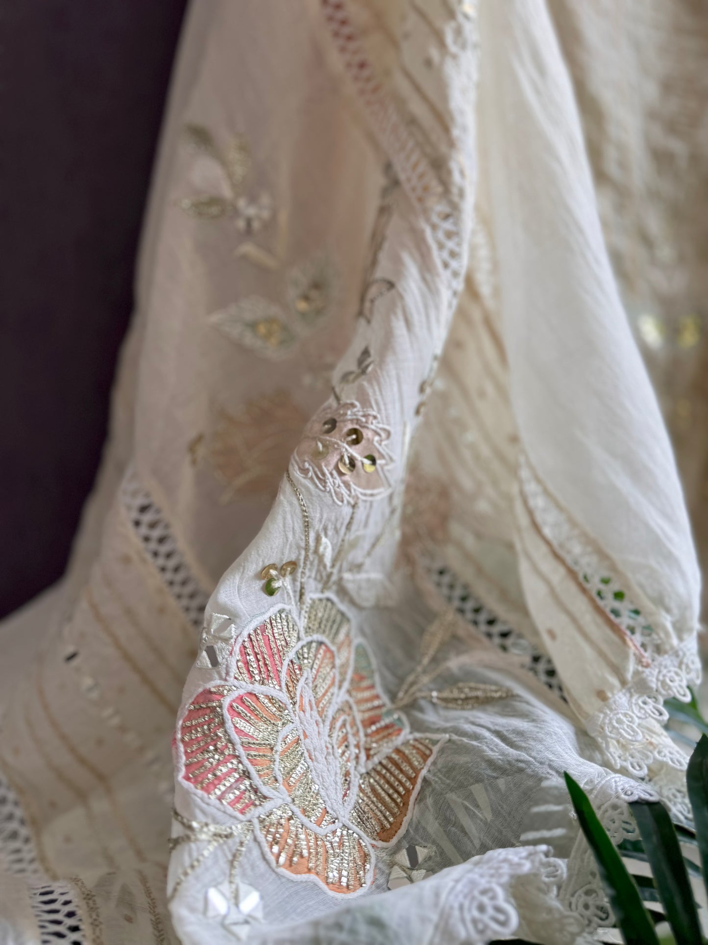 Luxurious Mul chanderi gold appliqué work suit