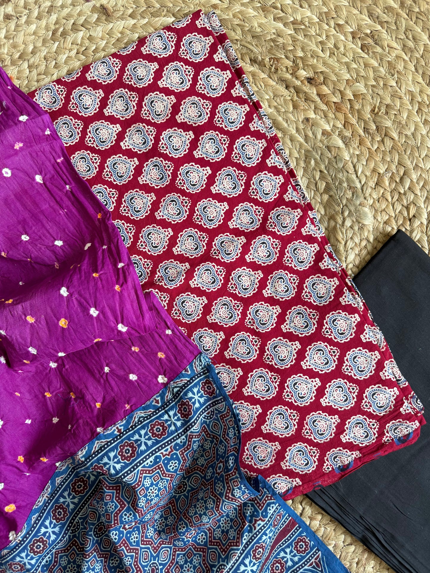 Pure cotton ajrakh bandhani suits