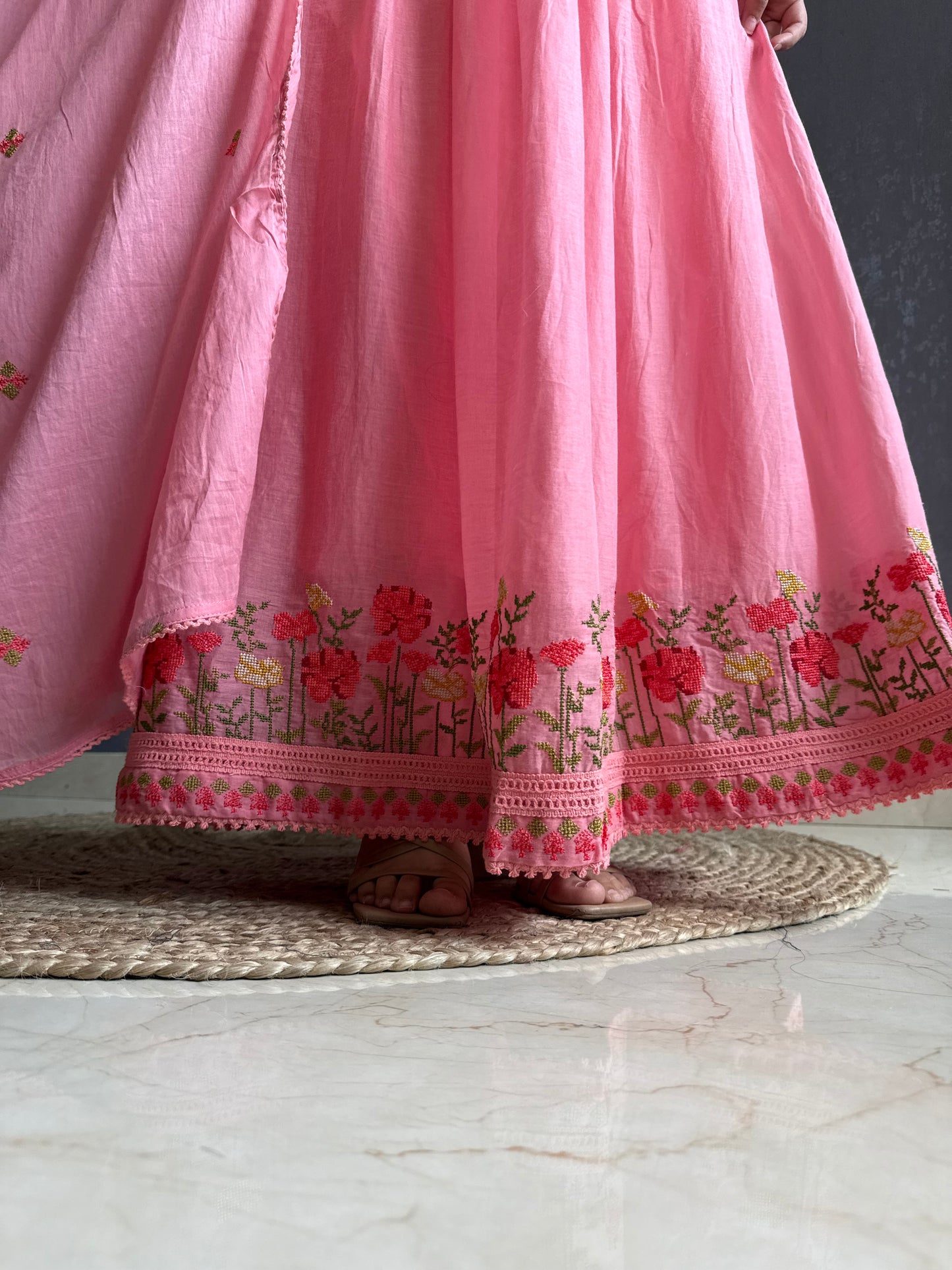Mal cotton roses embroidered french knot Anarkali