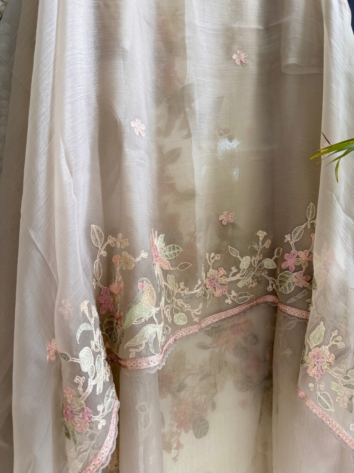 Crush tissue handwork birds and florals suit