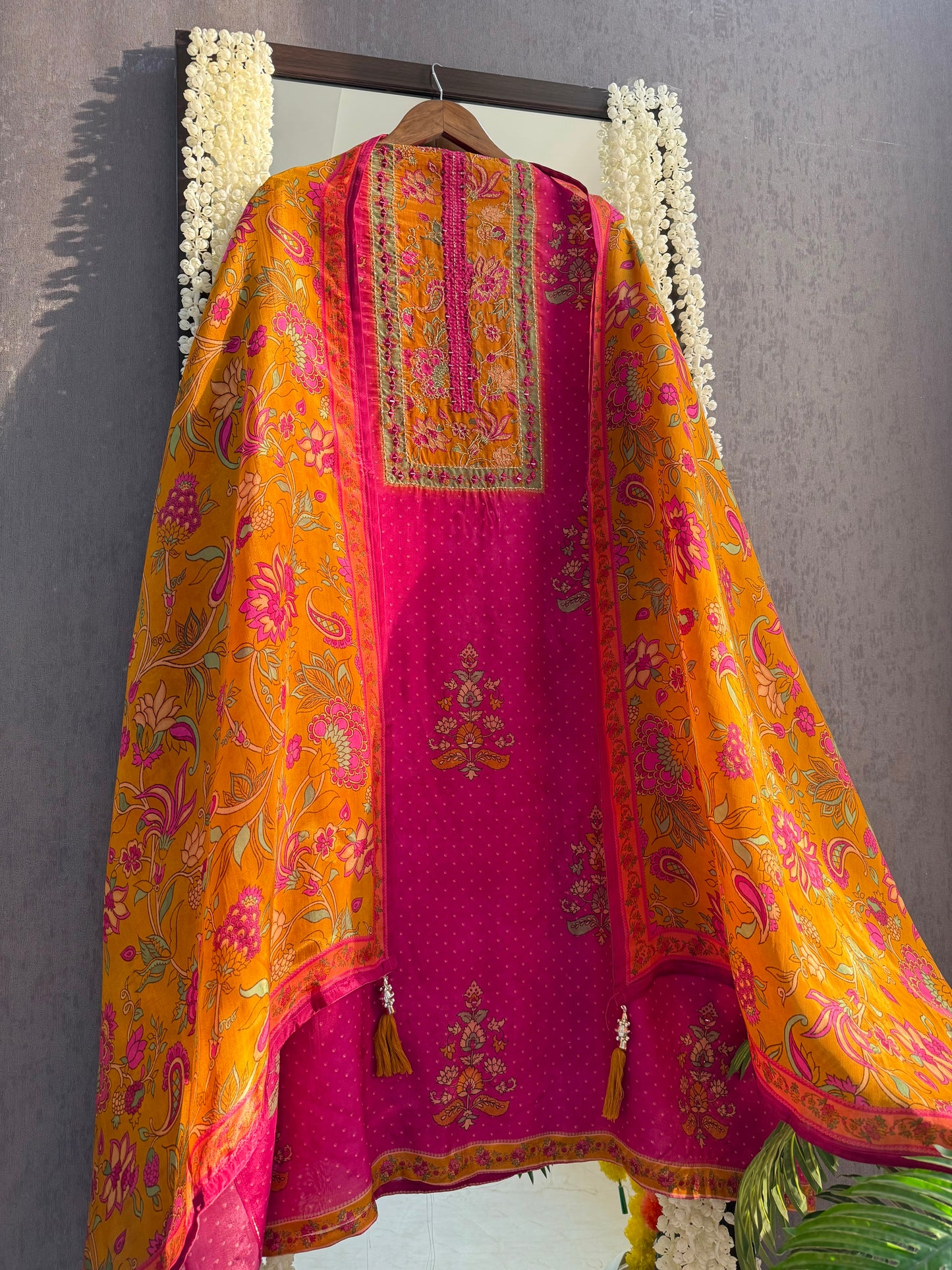 Pure crepe mirror work suit