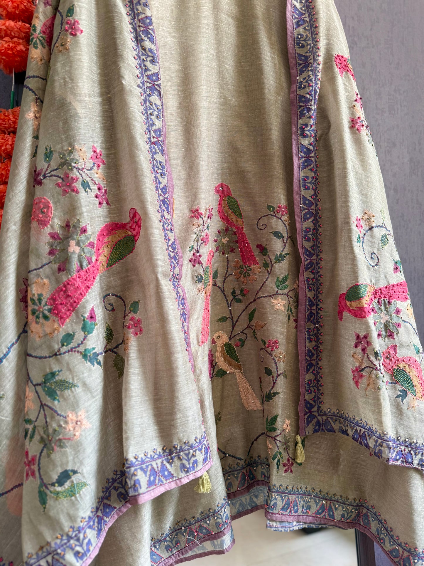 Pure linen birds frenchknot kantha work suit