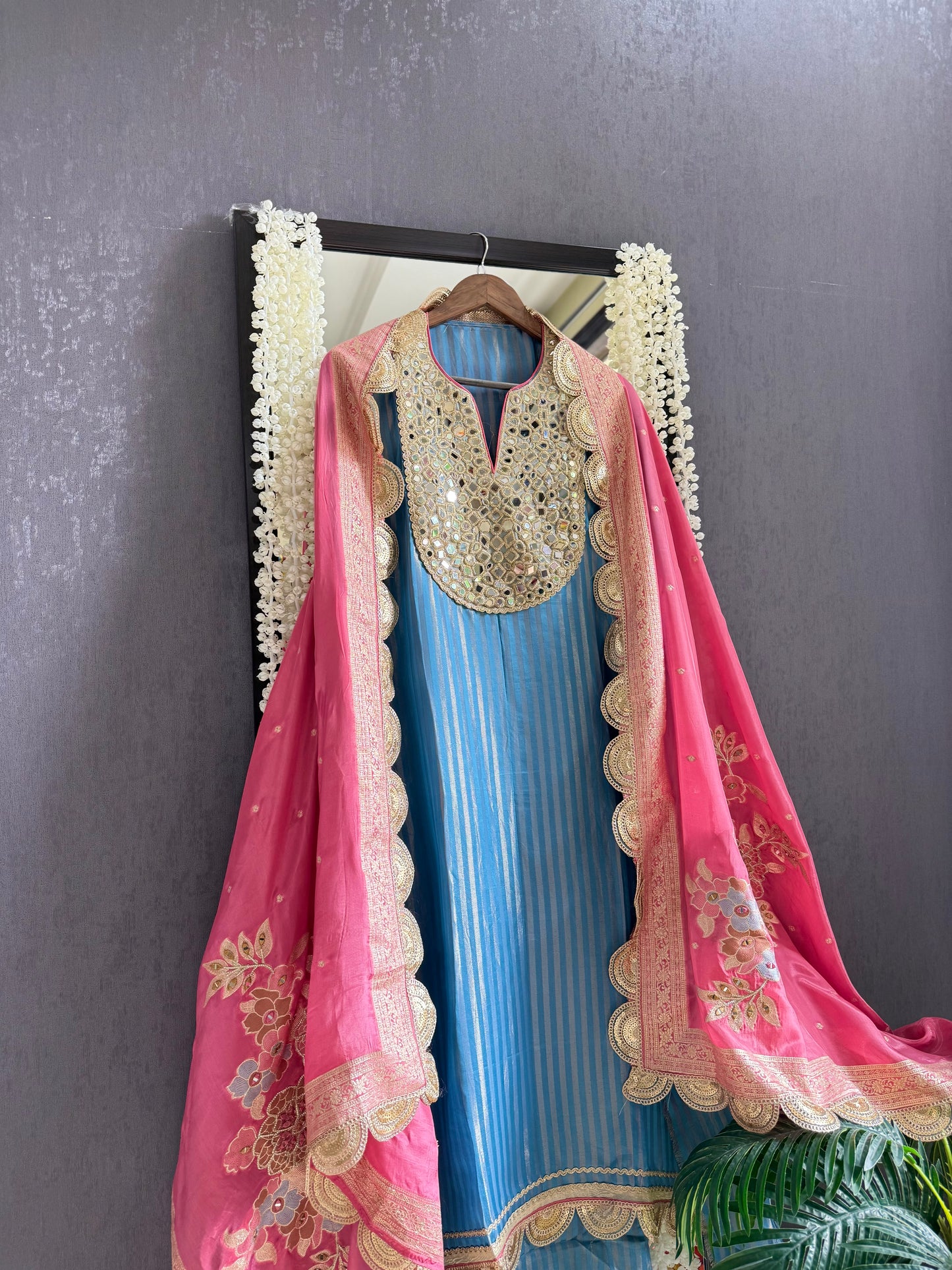 Premium Mirror work tissue benarsi suit