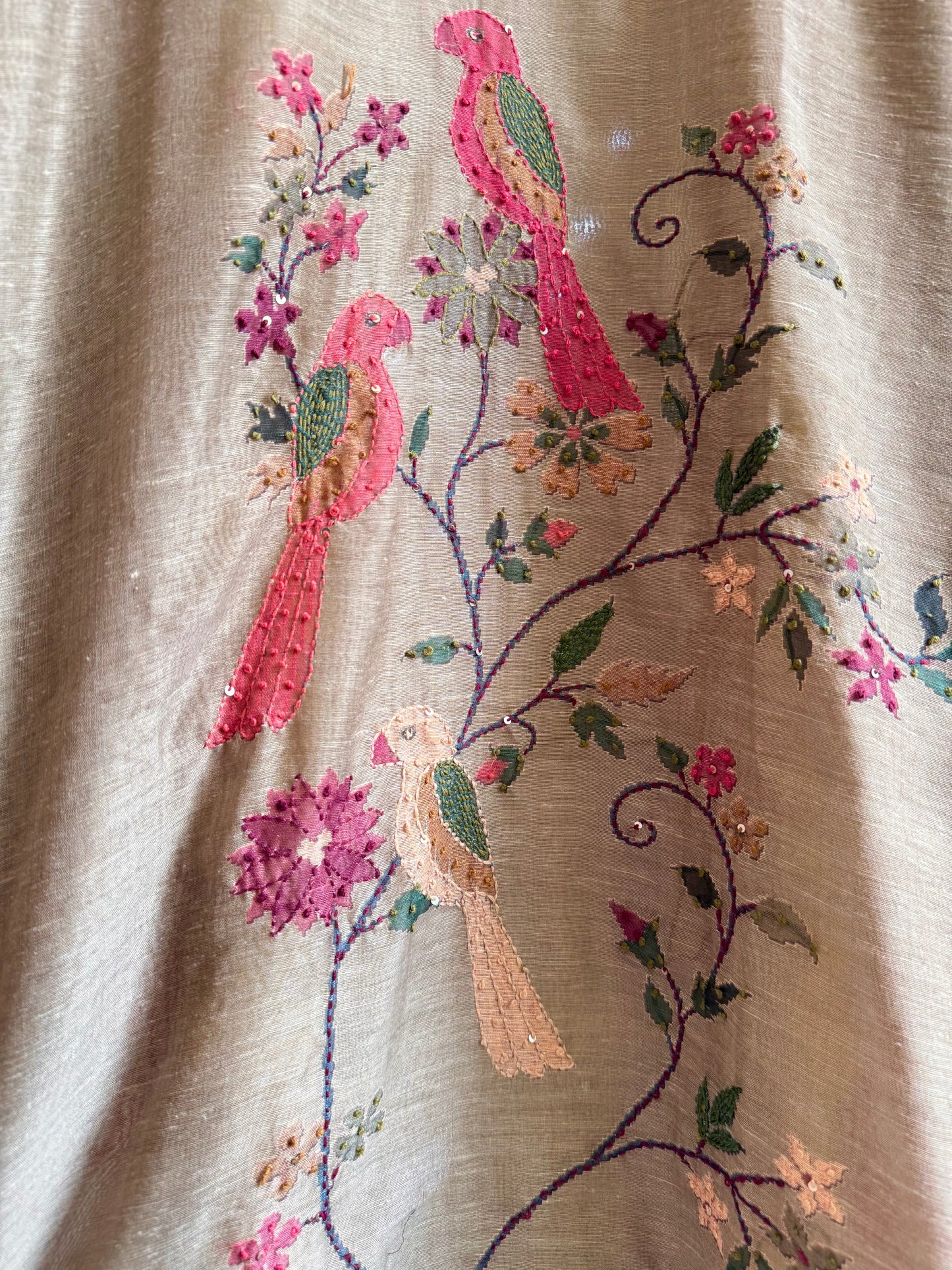 Pure linen birds frenchknot kantha work suit
