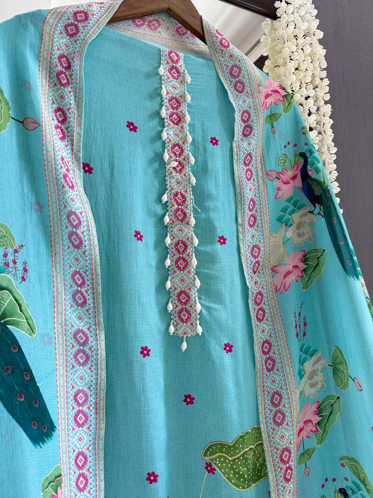 Soft silk peacock hand work suit