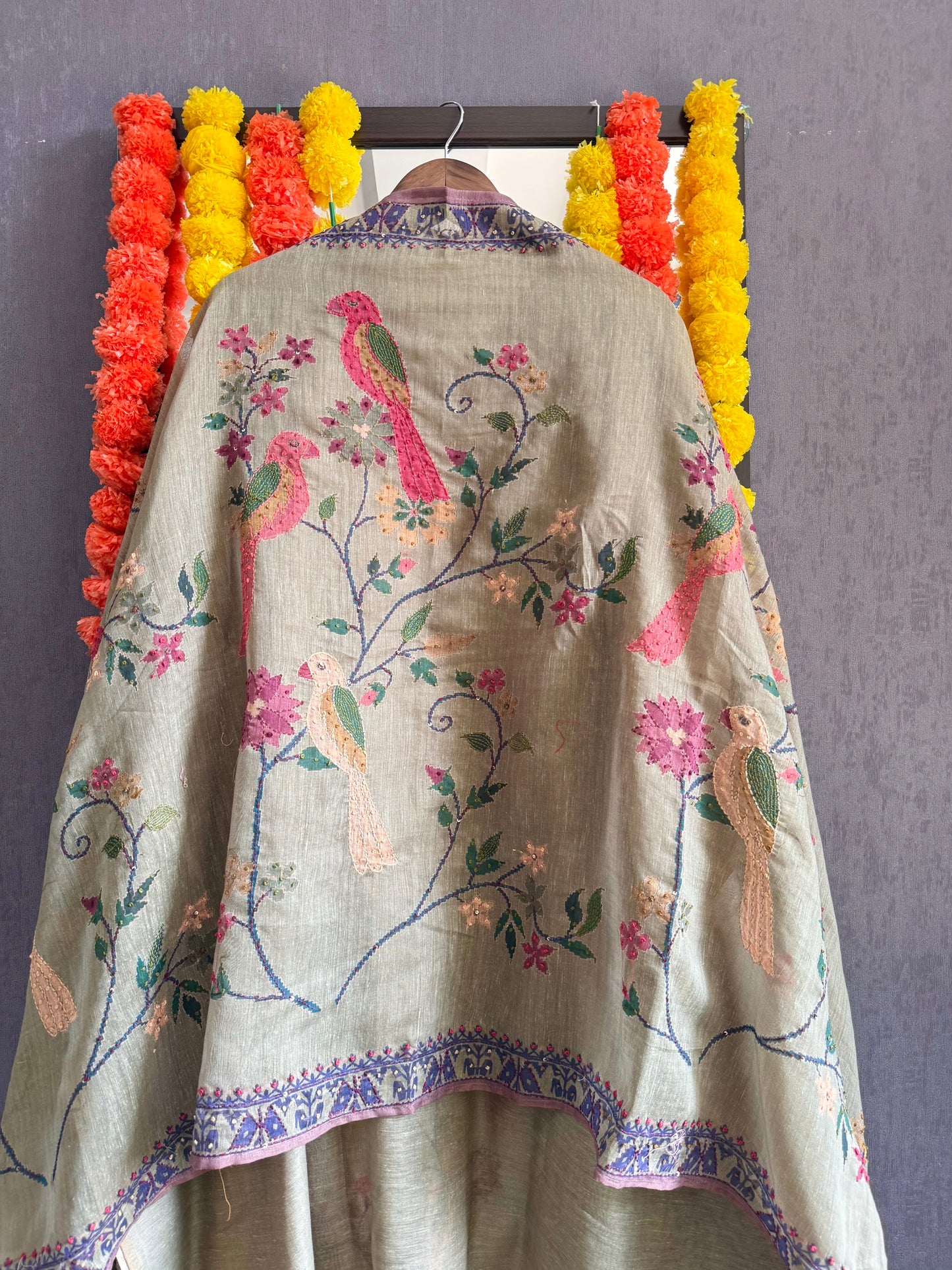 Pure linen birds frenchknot kantha work suit