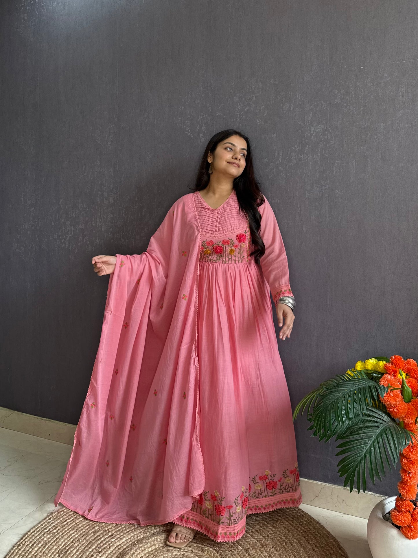 Mal cotton roses embroidered french knot Anarkali