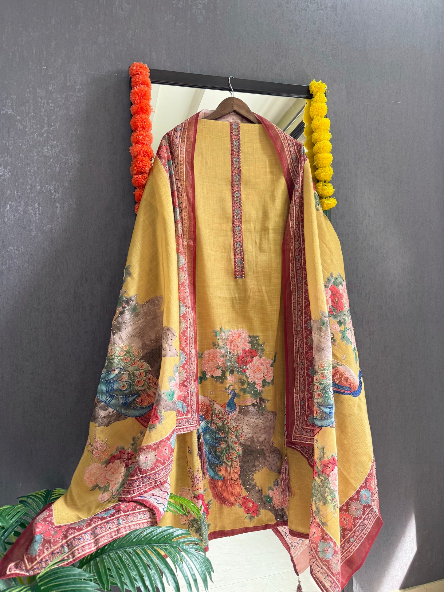 Pure linen peacock kantha work suit