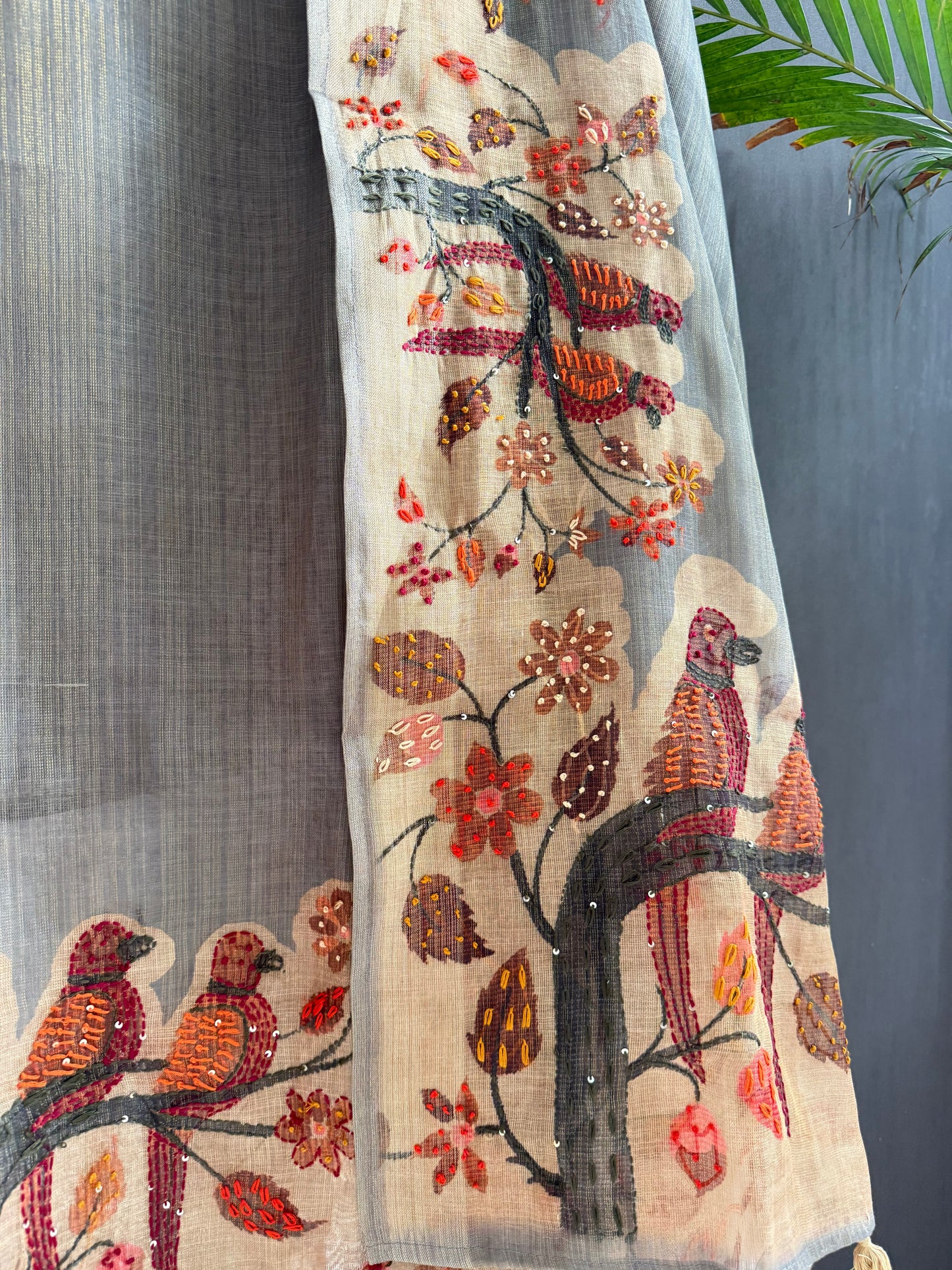 Pure linen bird kantha art handwork suit