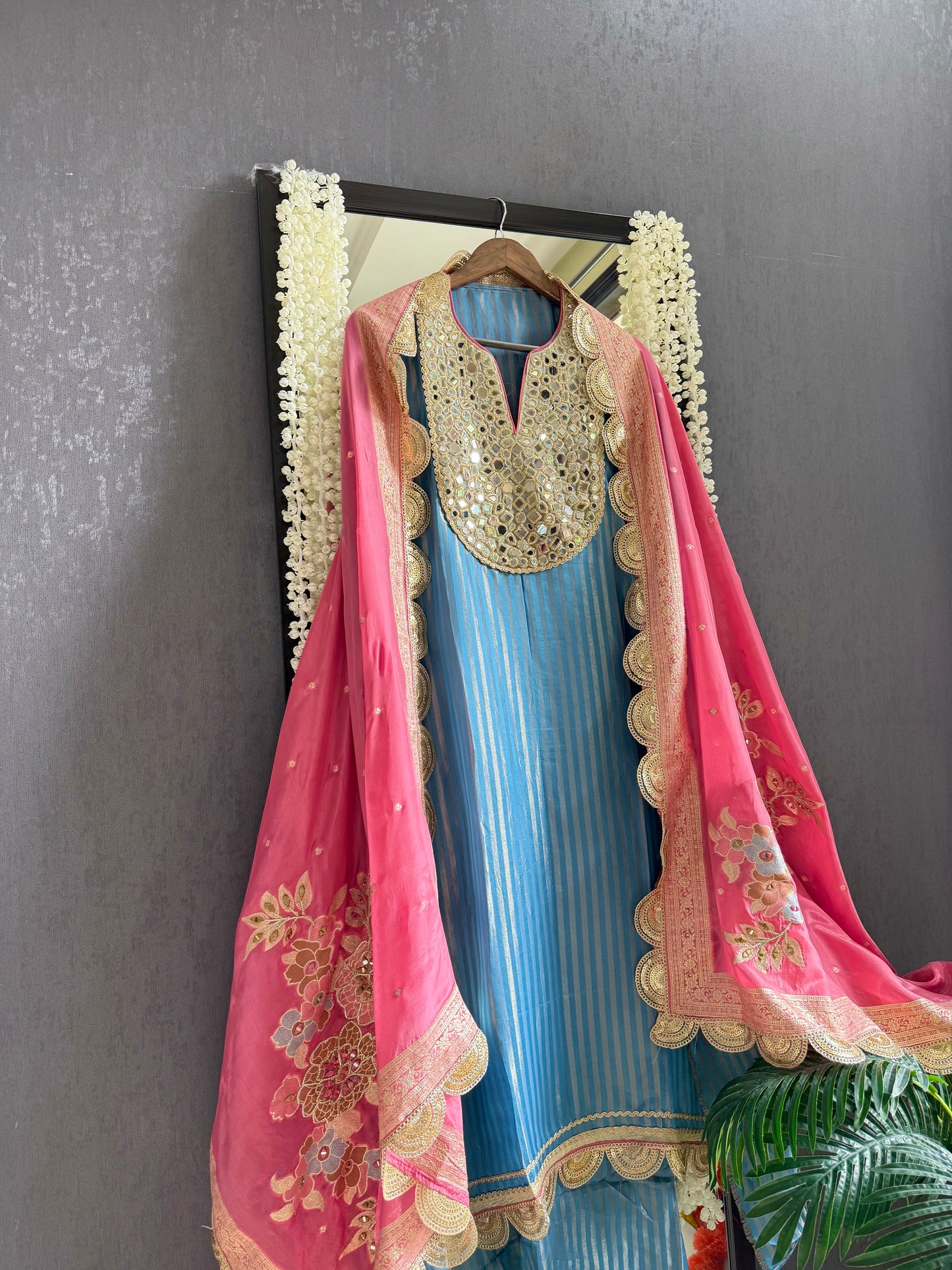 Premium Mirror work tissue benarsi suit