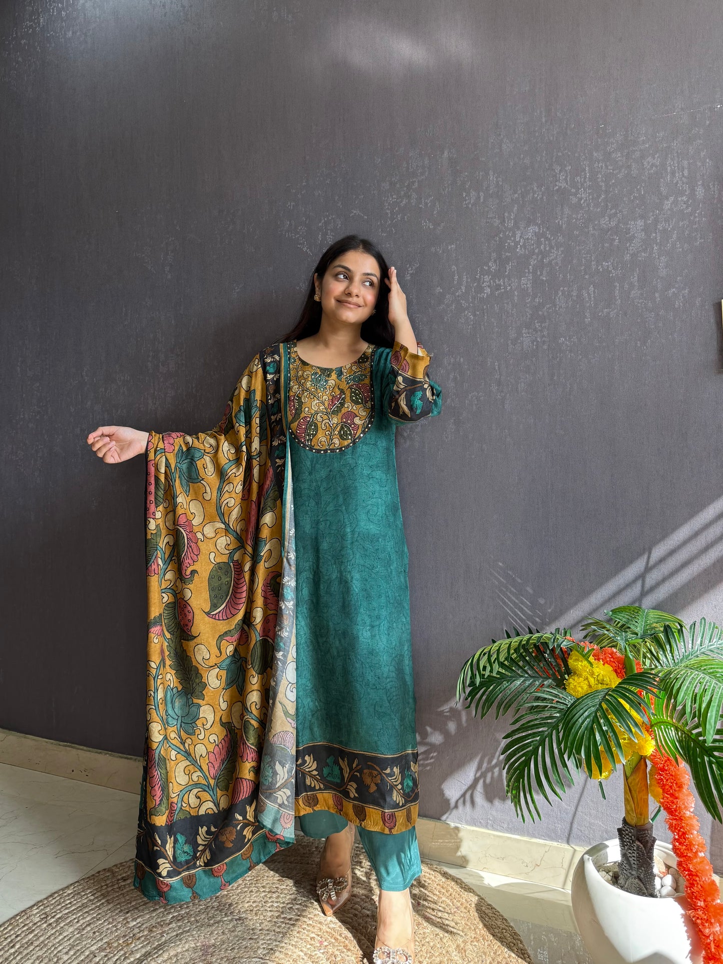 Tussar kalamkari lotus suit set