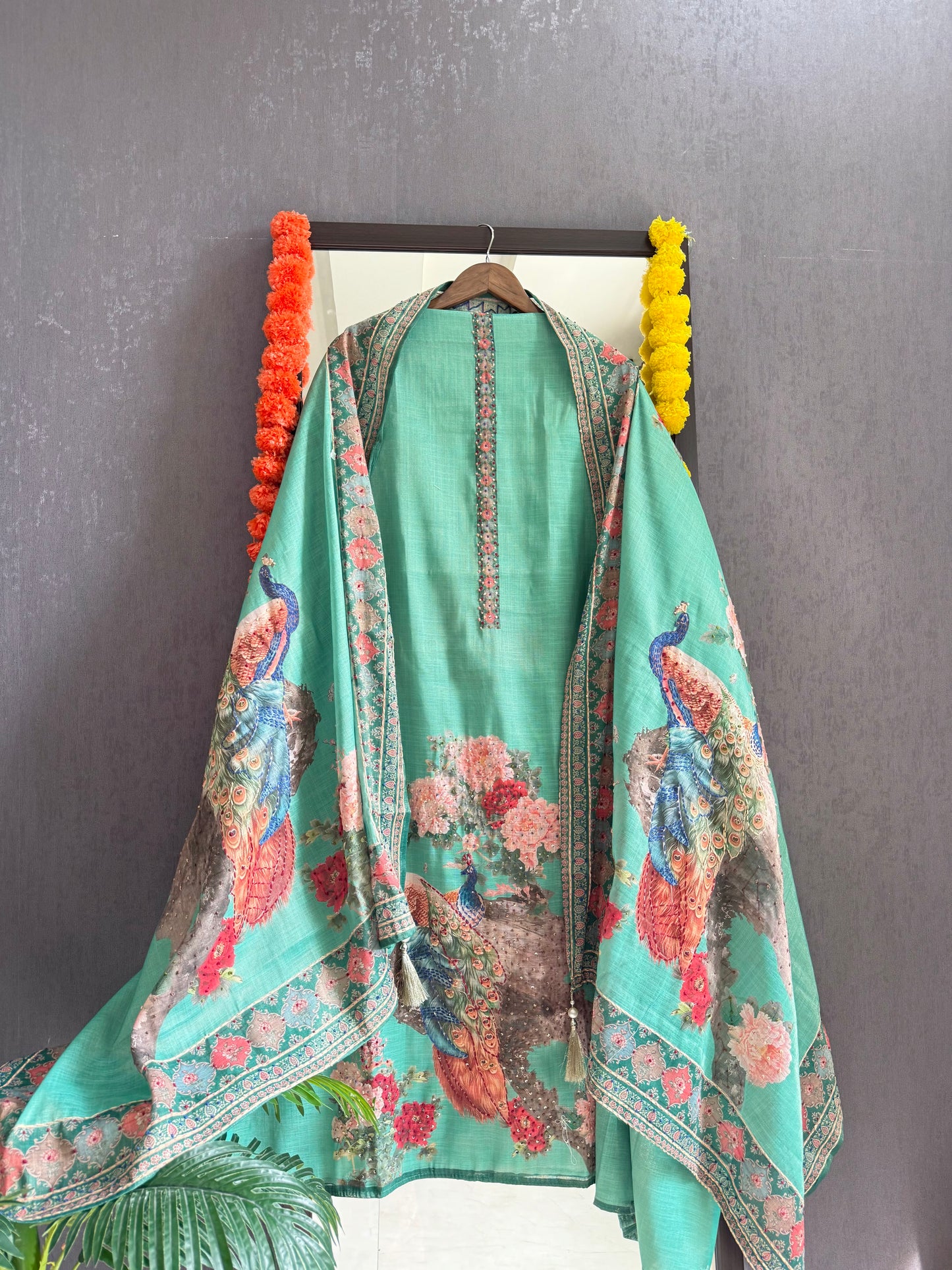 Pure linen peacock kantha work suit