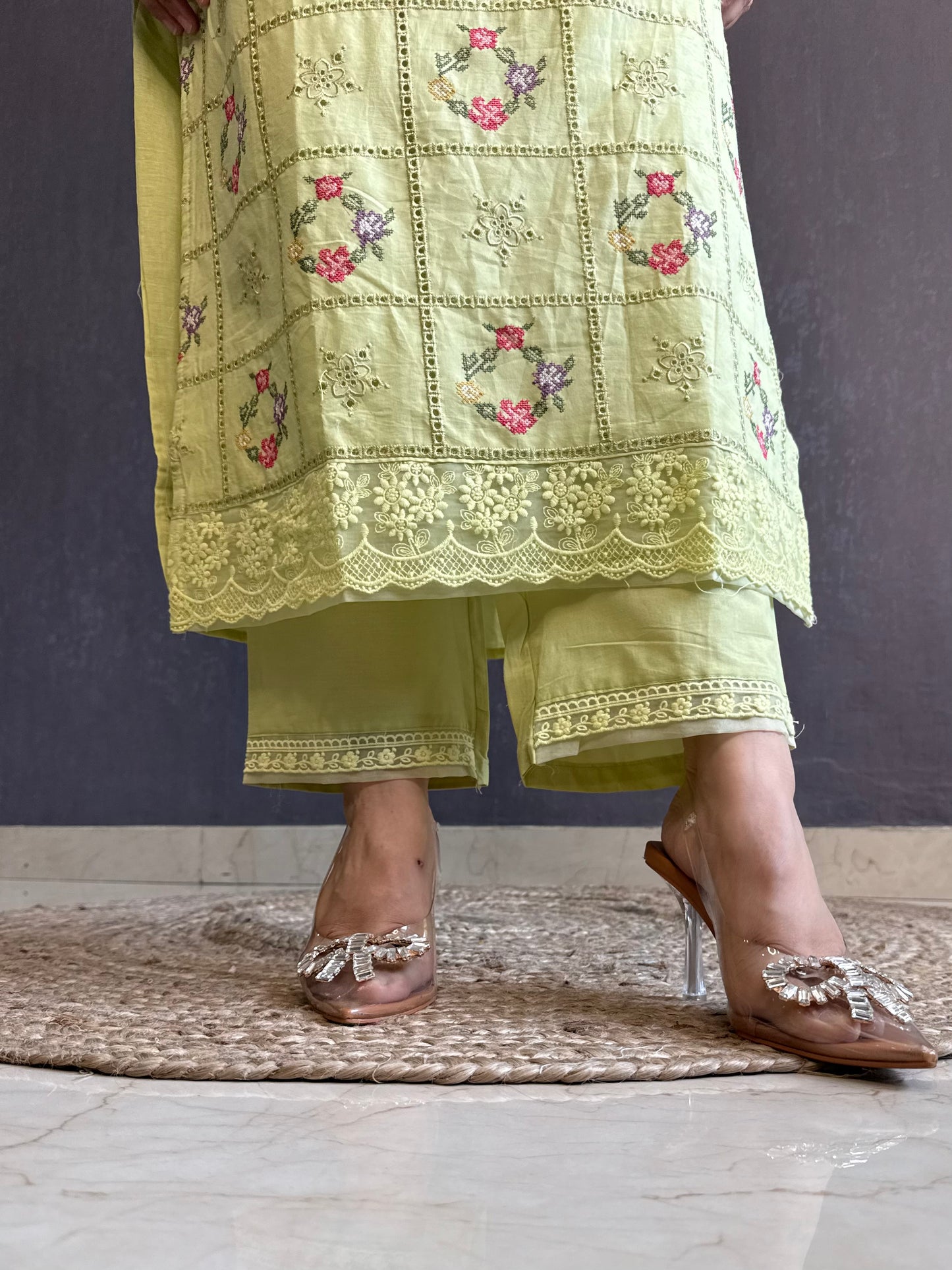 Cotton checked floral designer suit