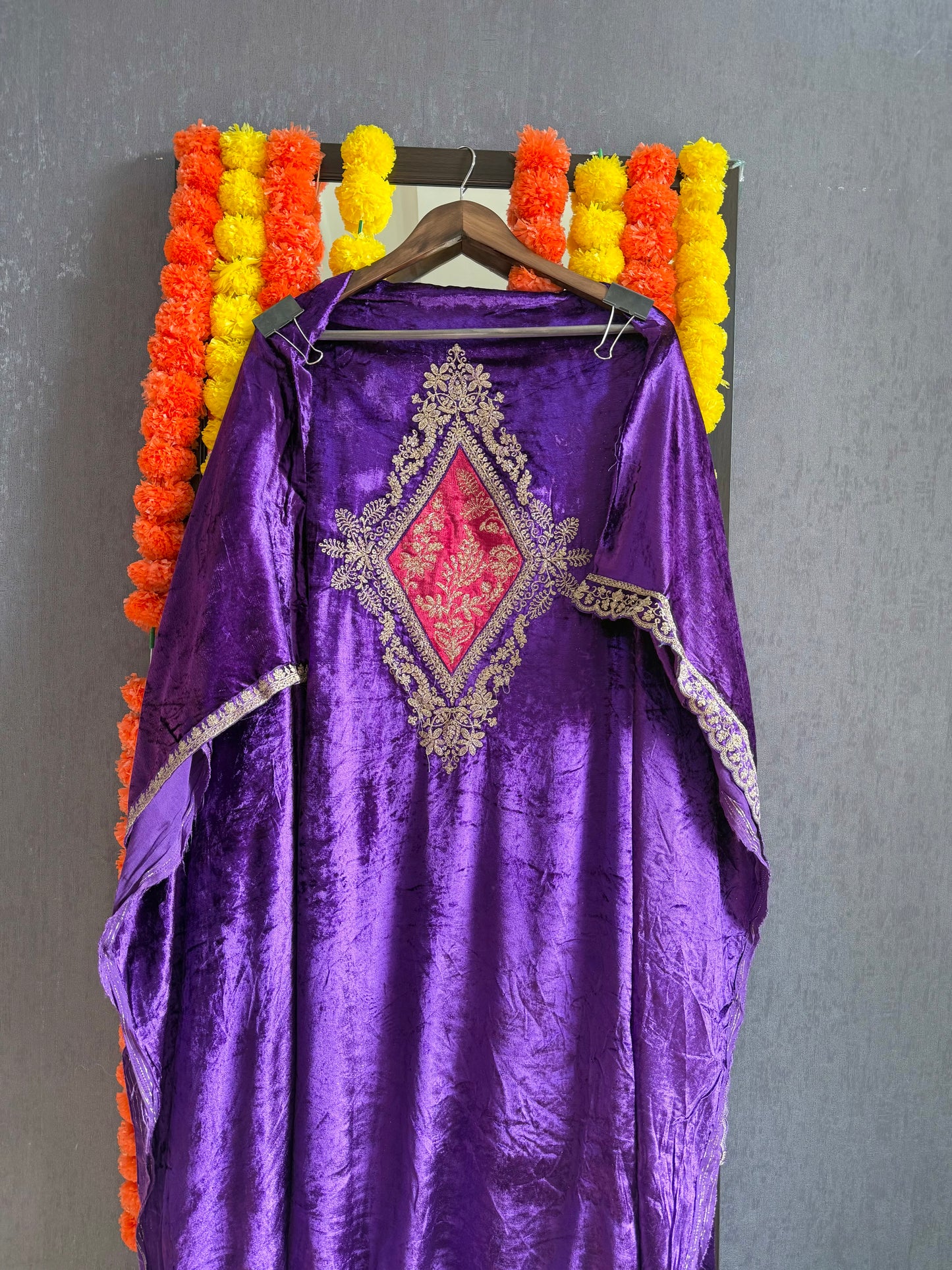 Velvet Front back Marori Aari work suit