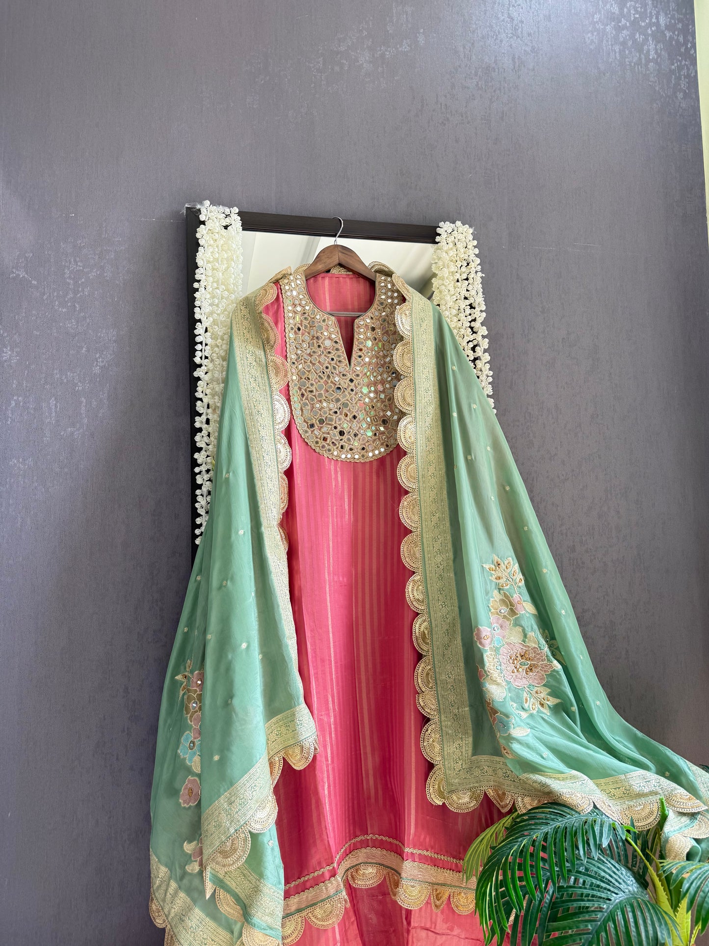 Premium Mirror work tissue benarsi suit