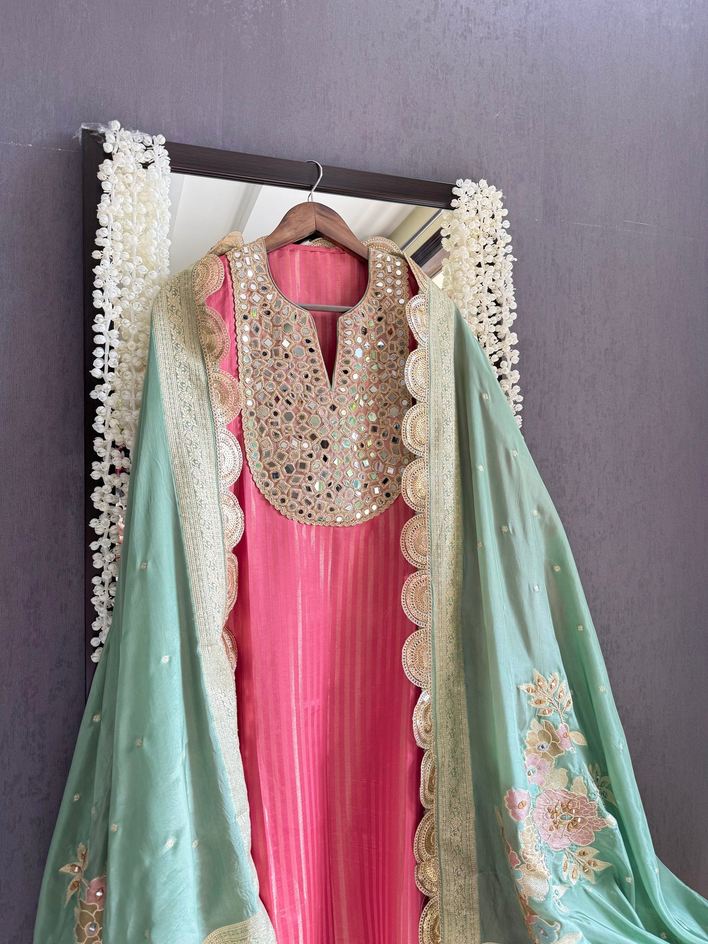 Premium Mirror work tissue benarsi suit