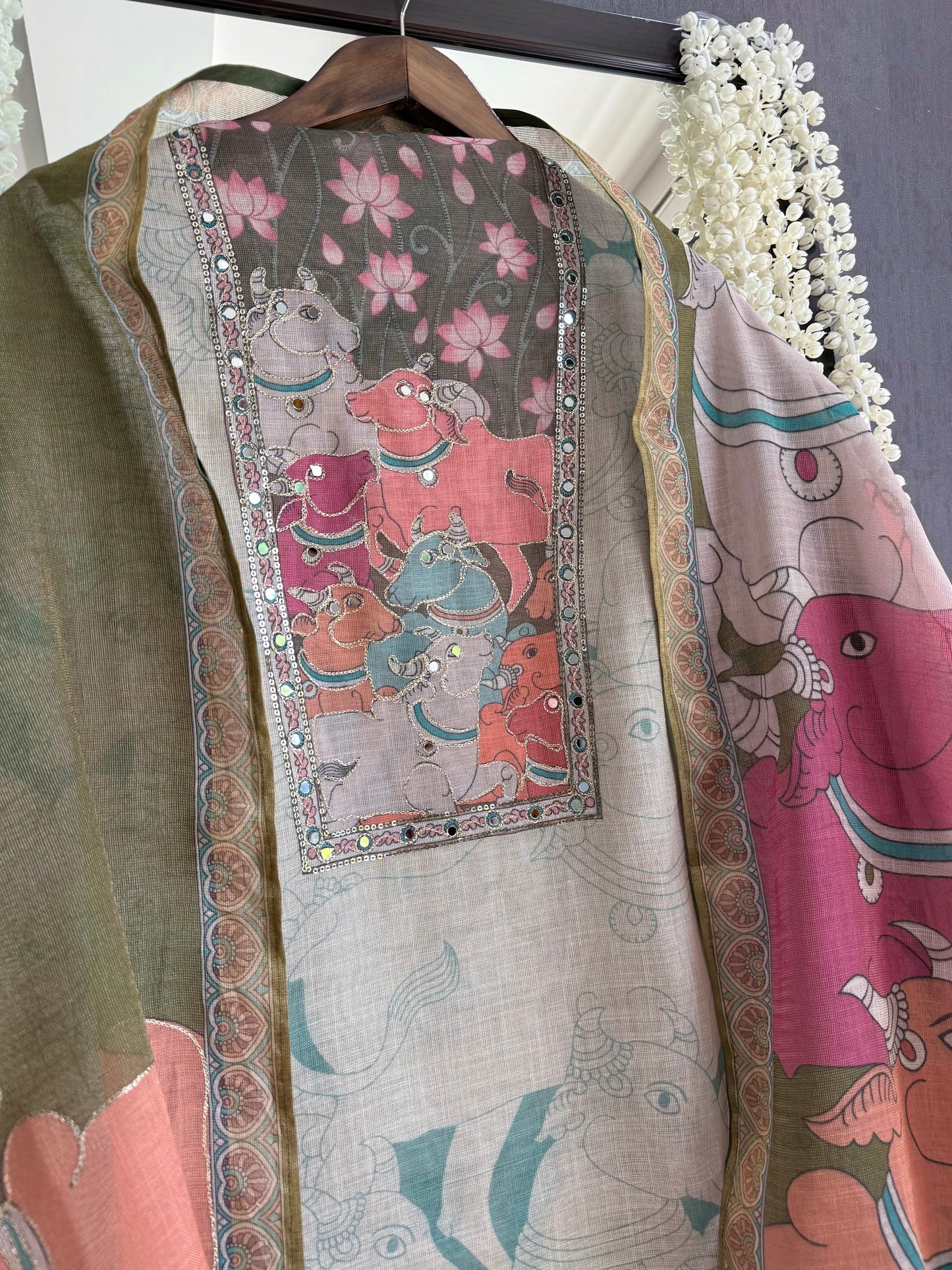 Linen jamdani pichwai suit