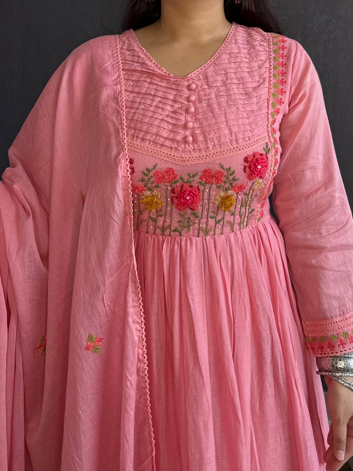 Mal cotton roses embroidered french knot Anarkali