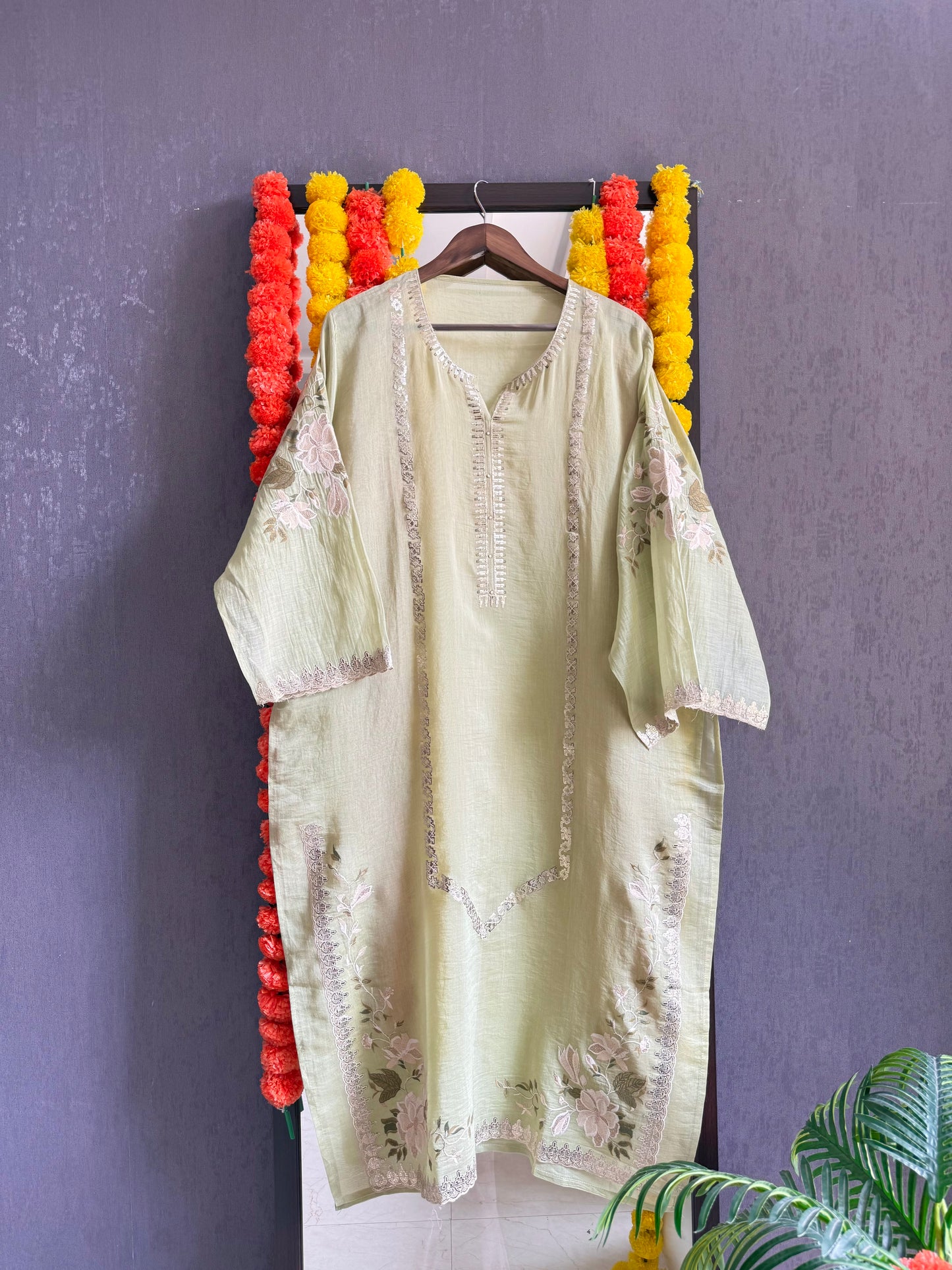 Luxurious Mul chanderi gold appliqué work suit
