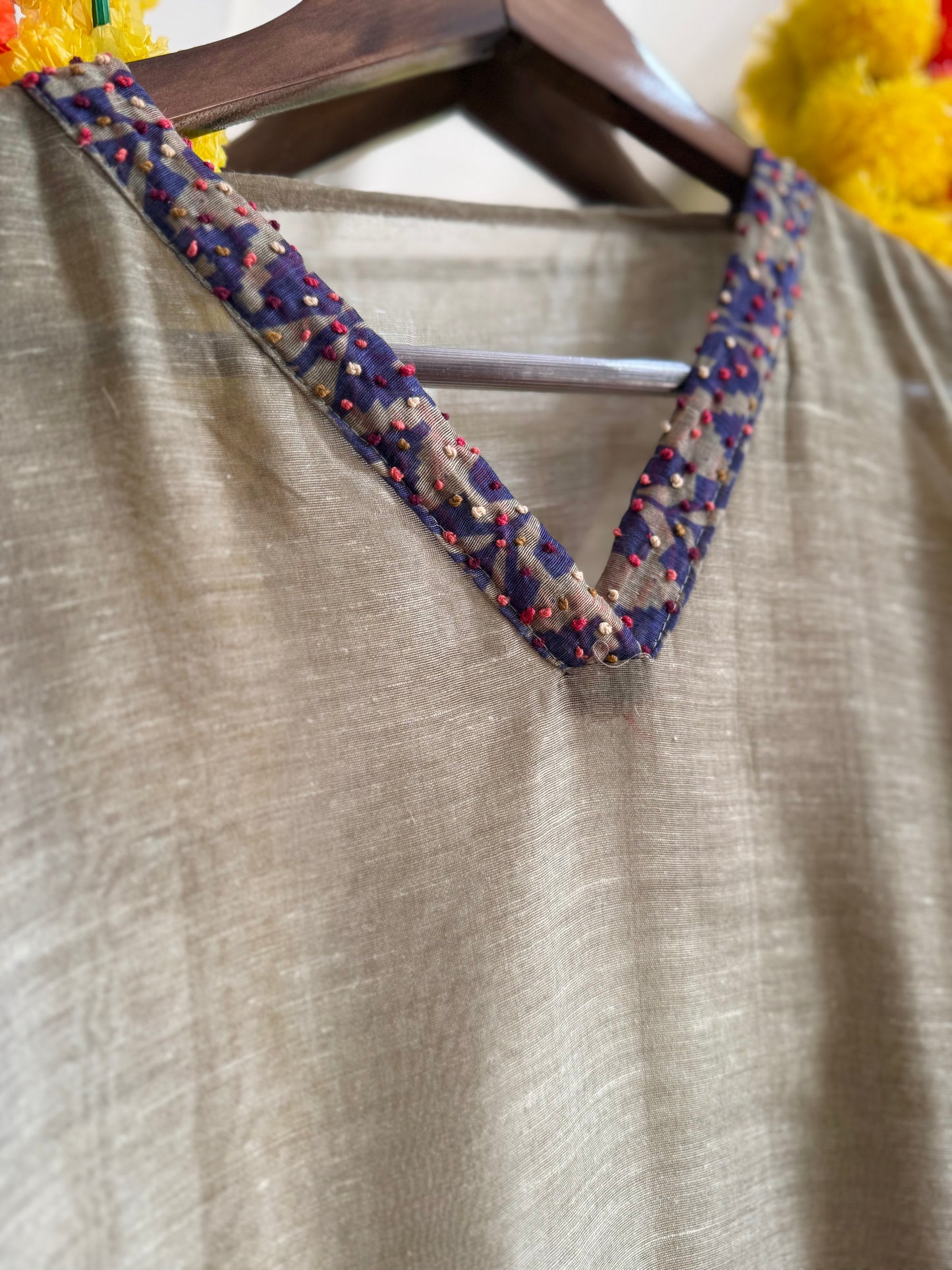 Pure linen birds frenchknot kantha work suit