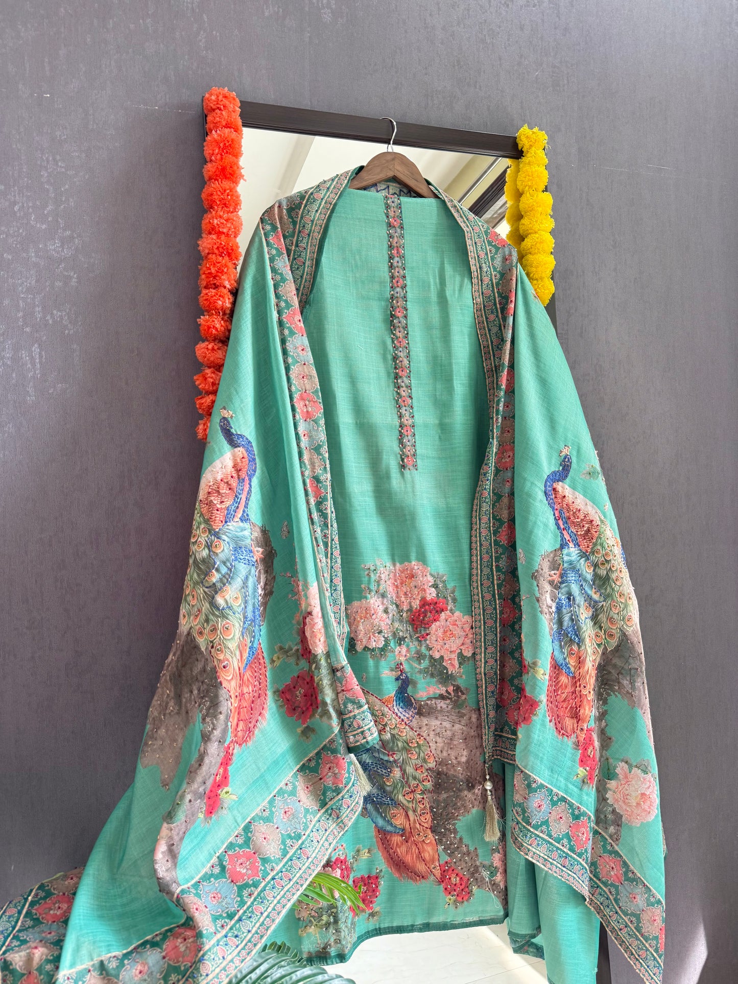 Pure linen peacock kantha work suit