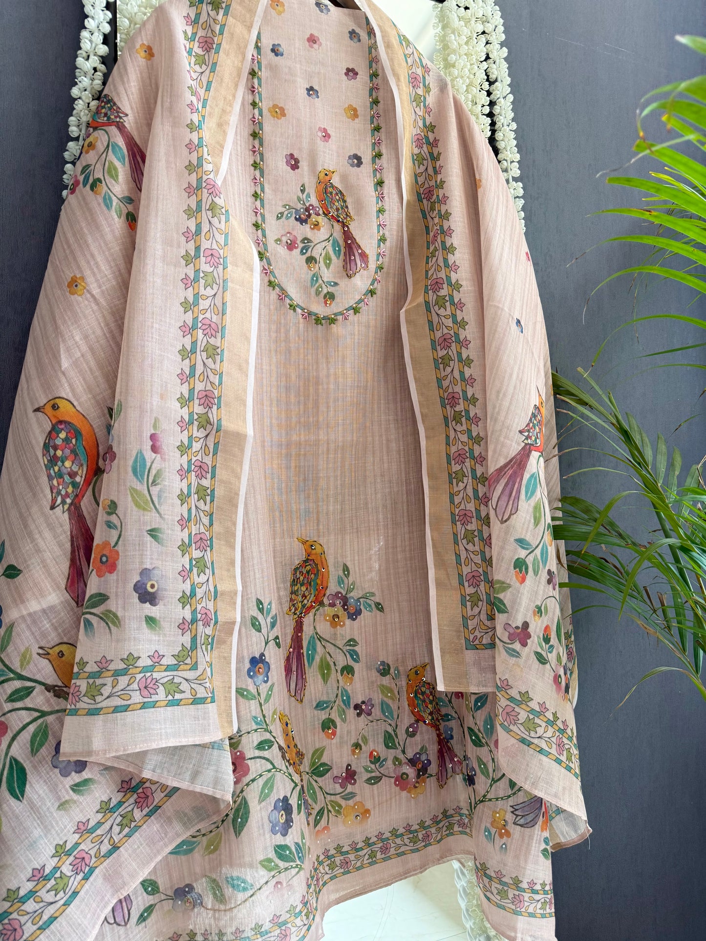 Linen birds kanthawork suit