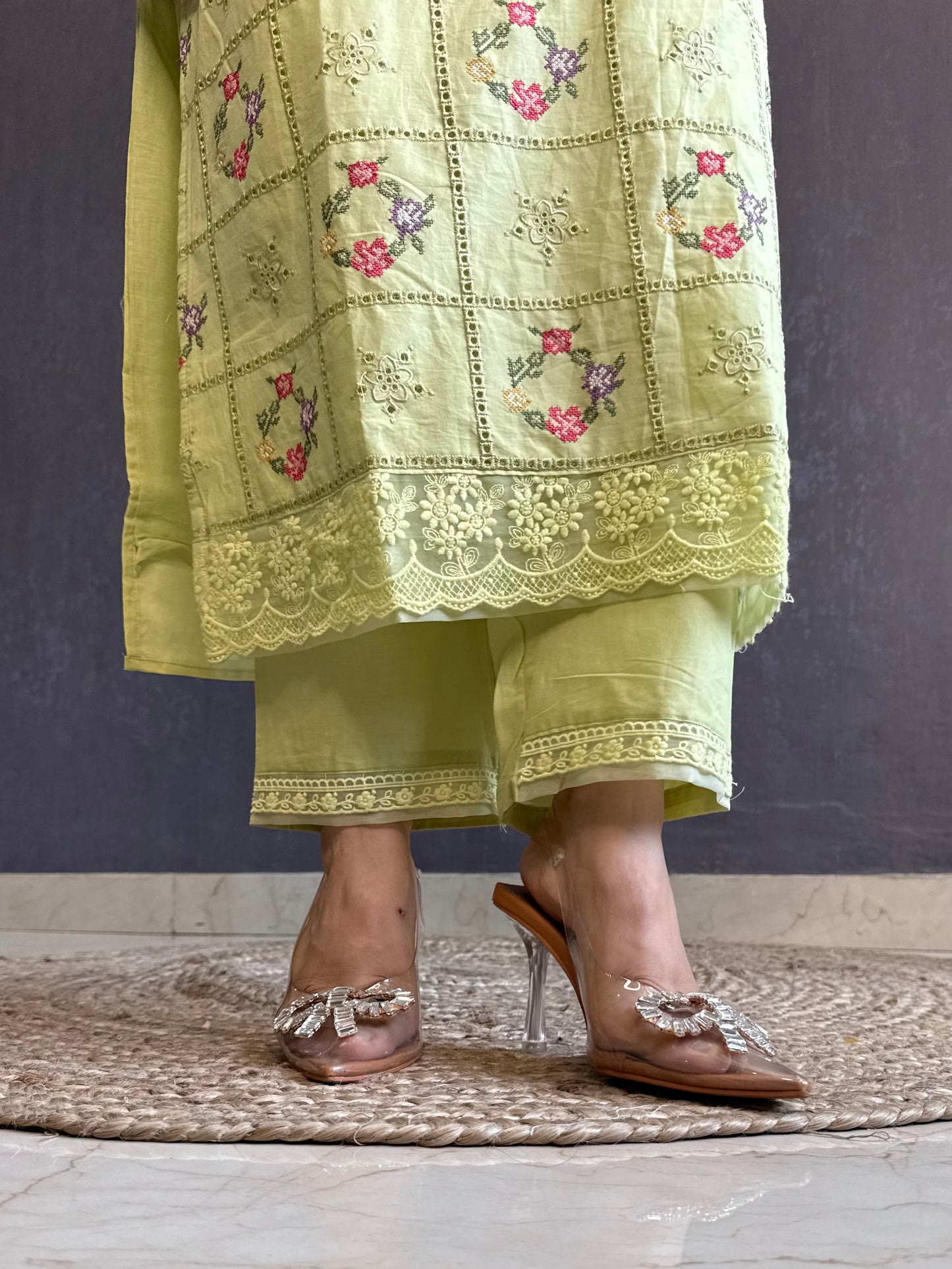 Cotton checked floral designer suit
