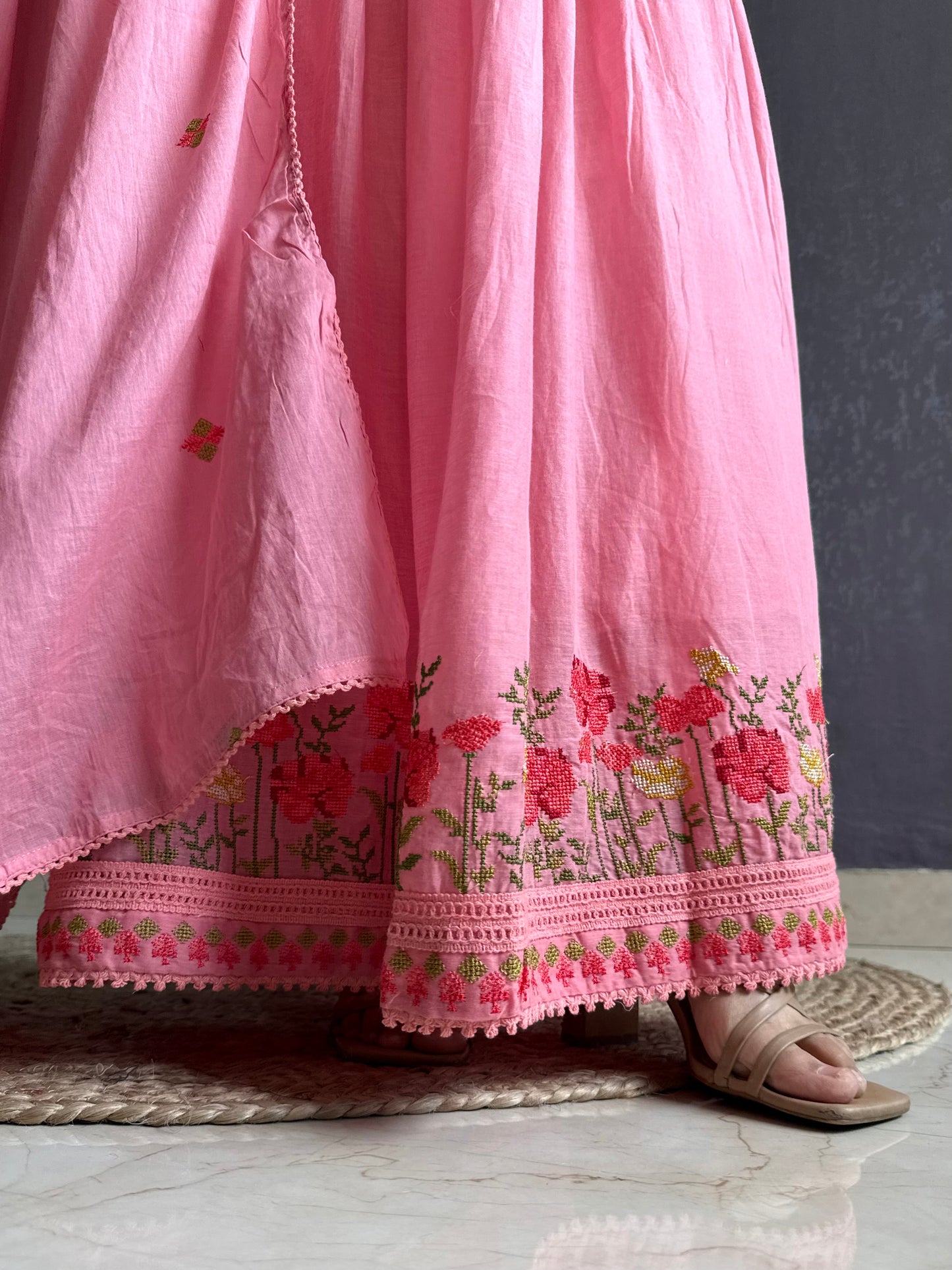 Mal cotton roses embroidered french knot Anarkali