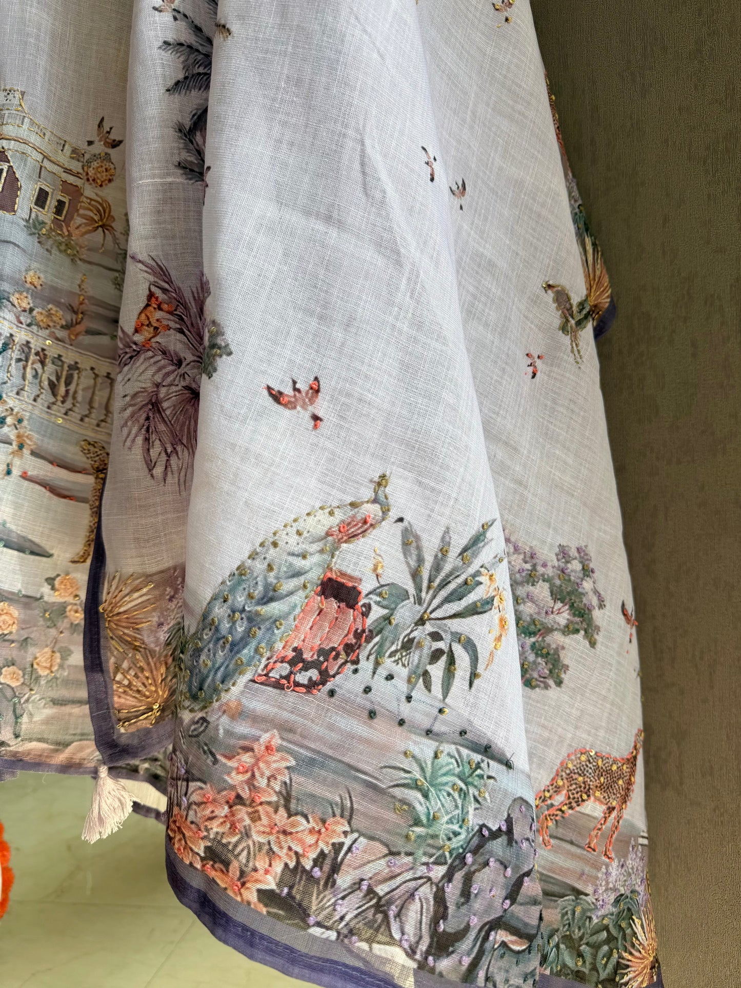 Pure linen frenchknot kantha work suit
