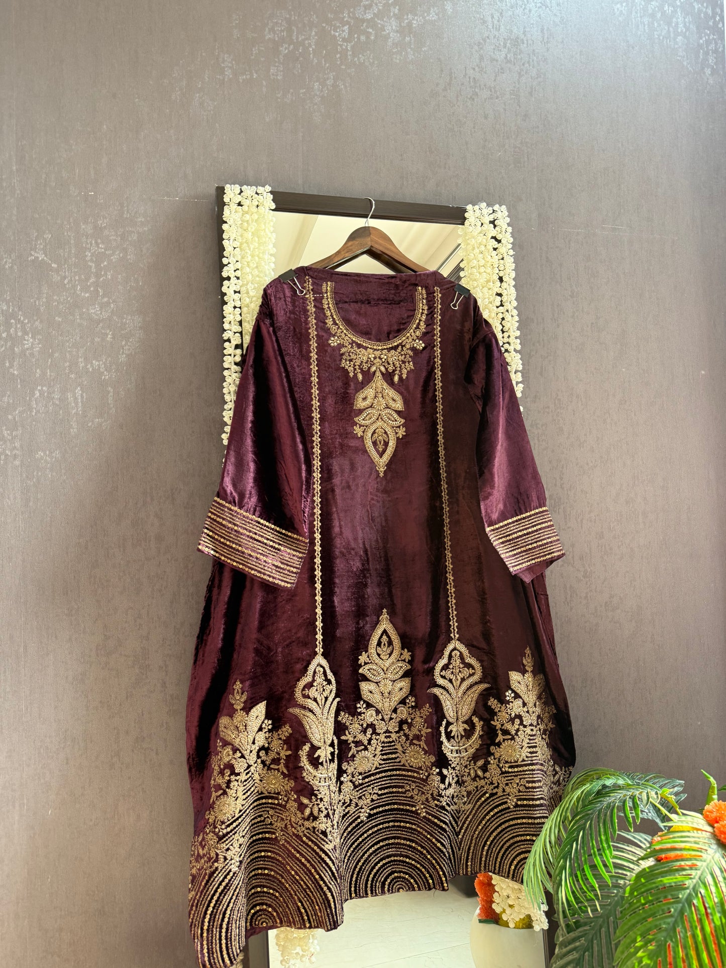Velvet Marori Aari work Anarkali suit