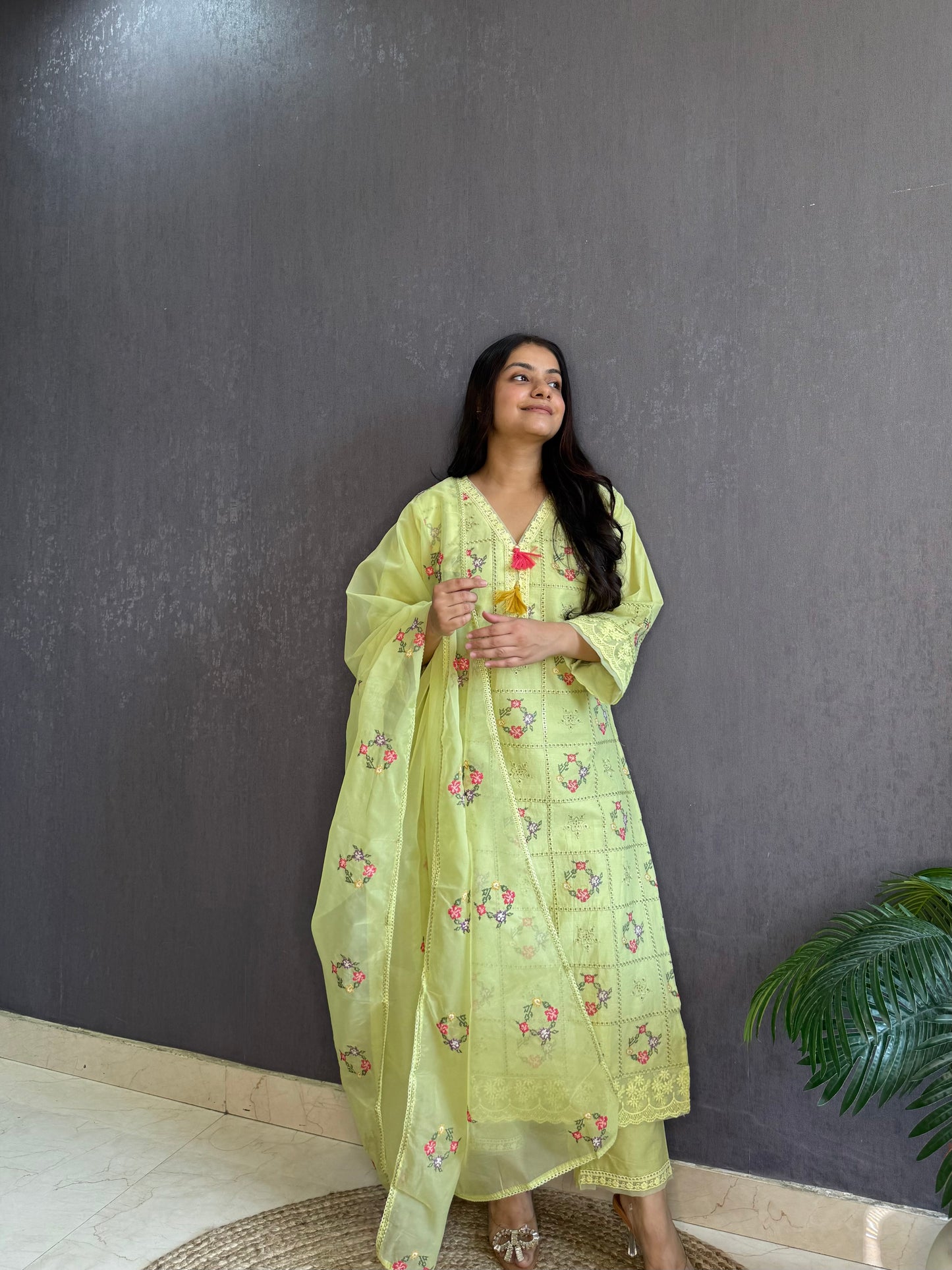 Cotton checked floral designer suit
