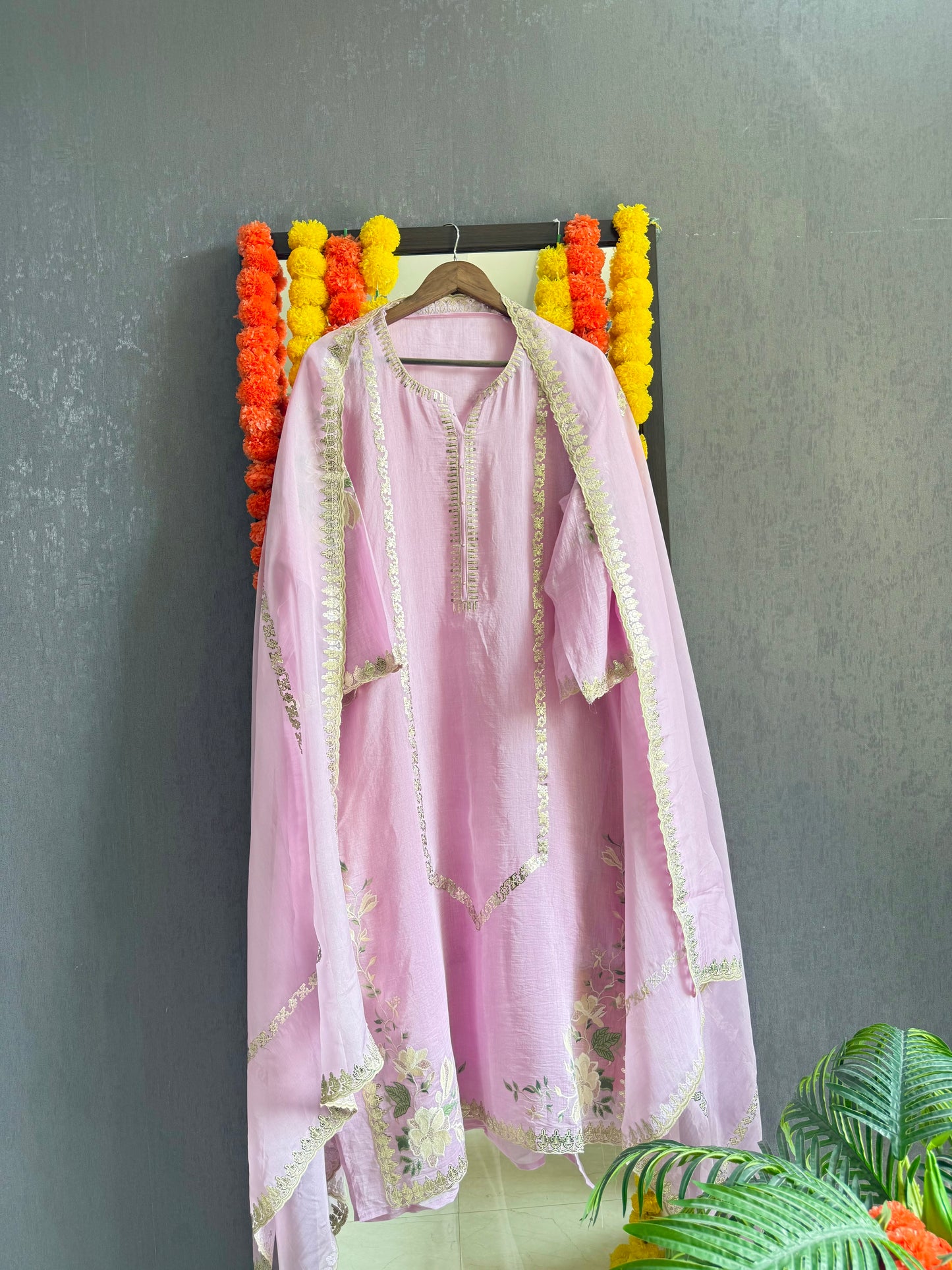 Luxurious Mul chanderi gold appliqué work suit