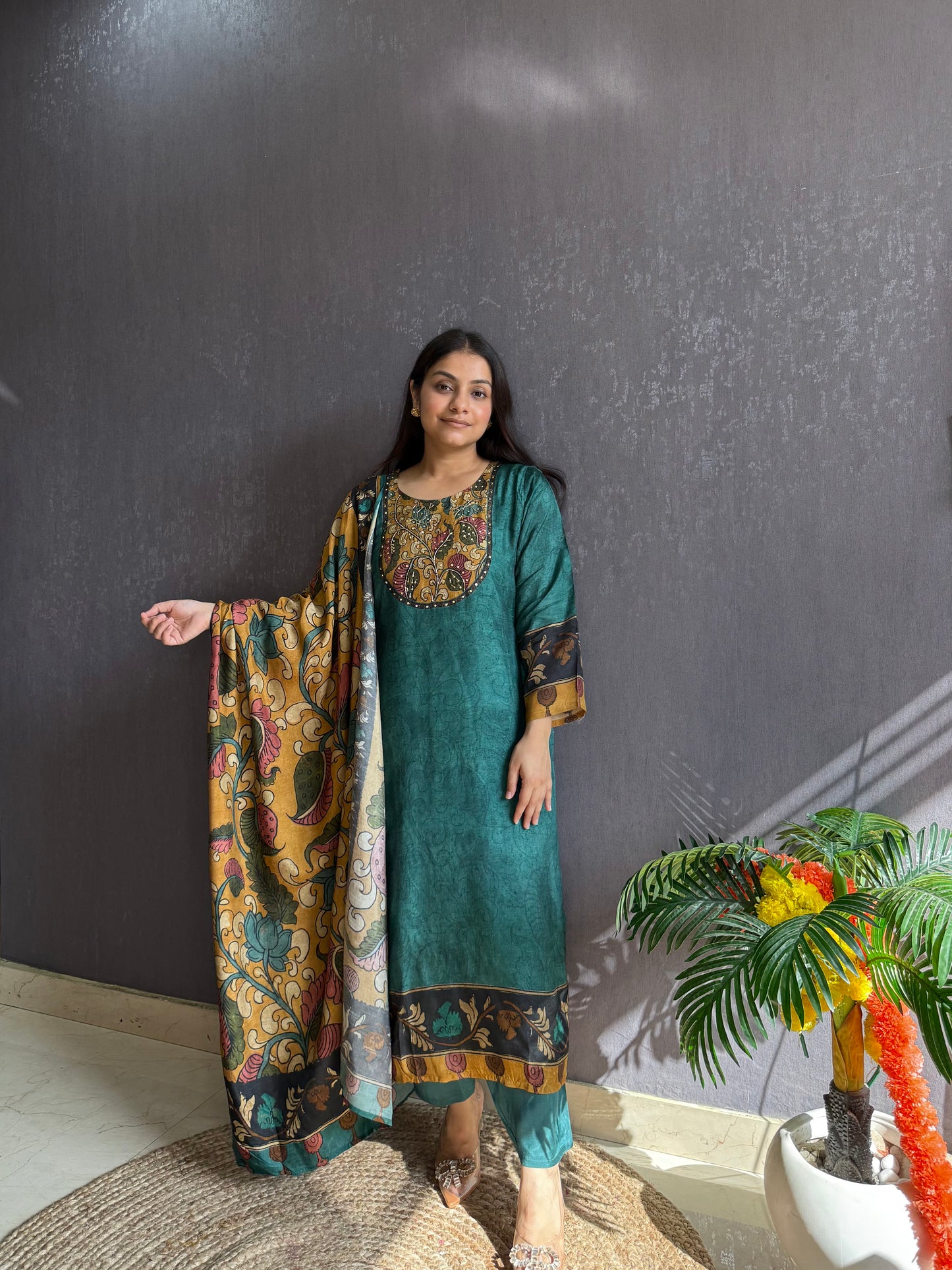 Tussar kalamkari lotus suit set